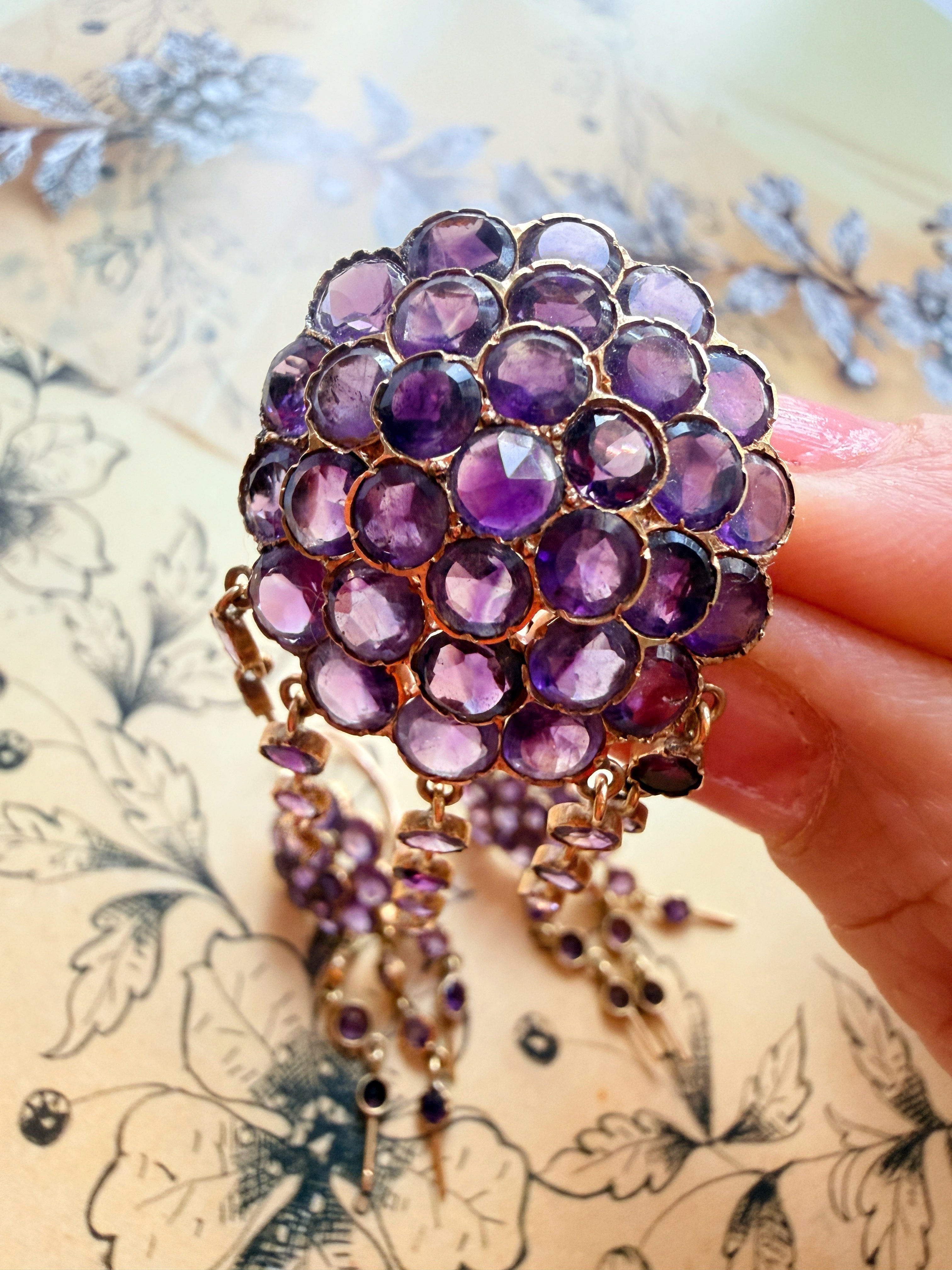 Victorian era 18K gold amethyst brooch earrings set