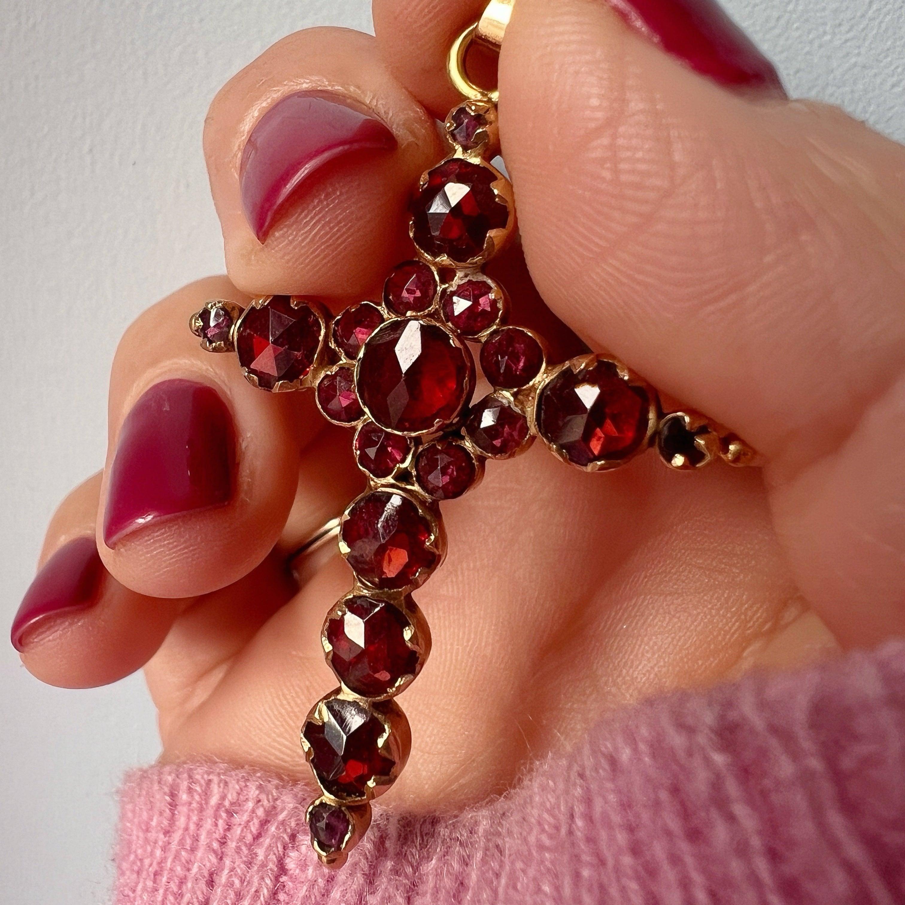 French antique 18K gold Perpignan garnet cross pendant