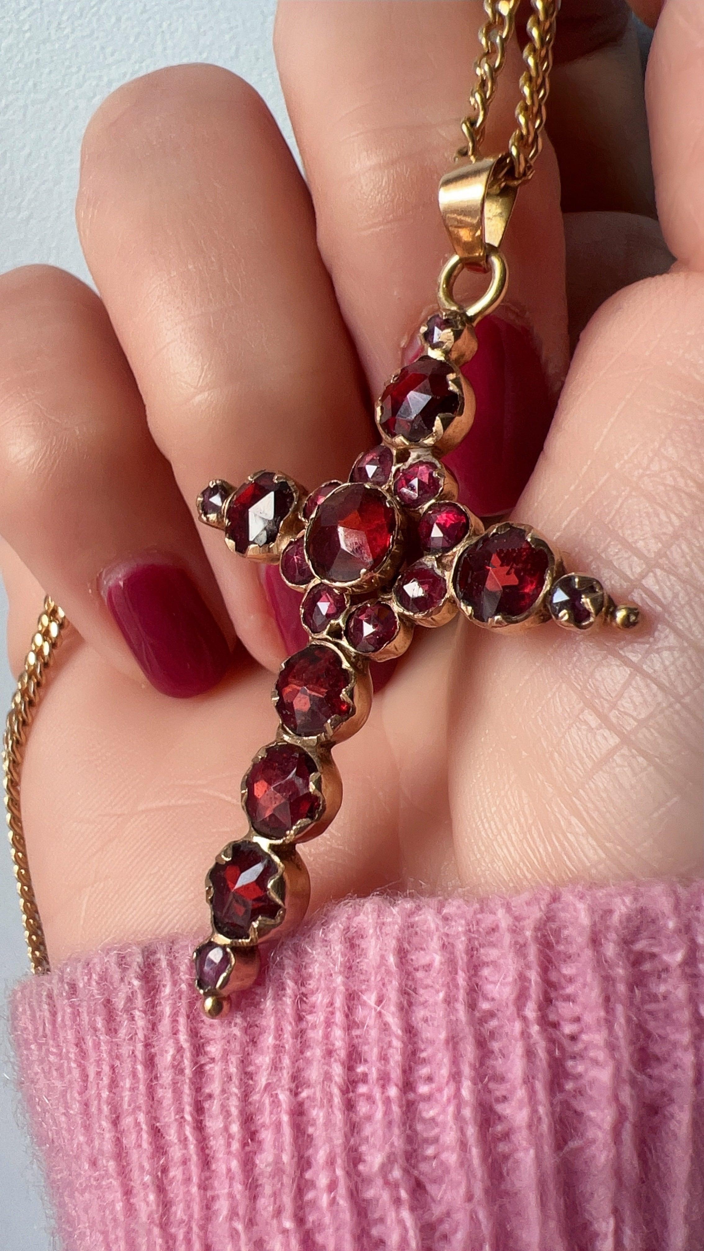 French antique 18K gold Perpignan garnet cross pendant