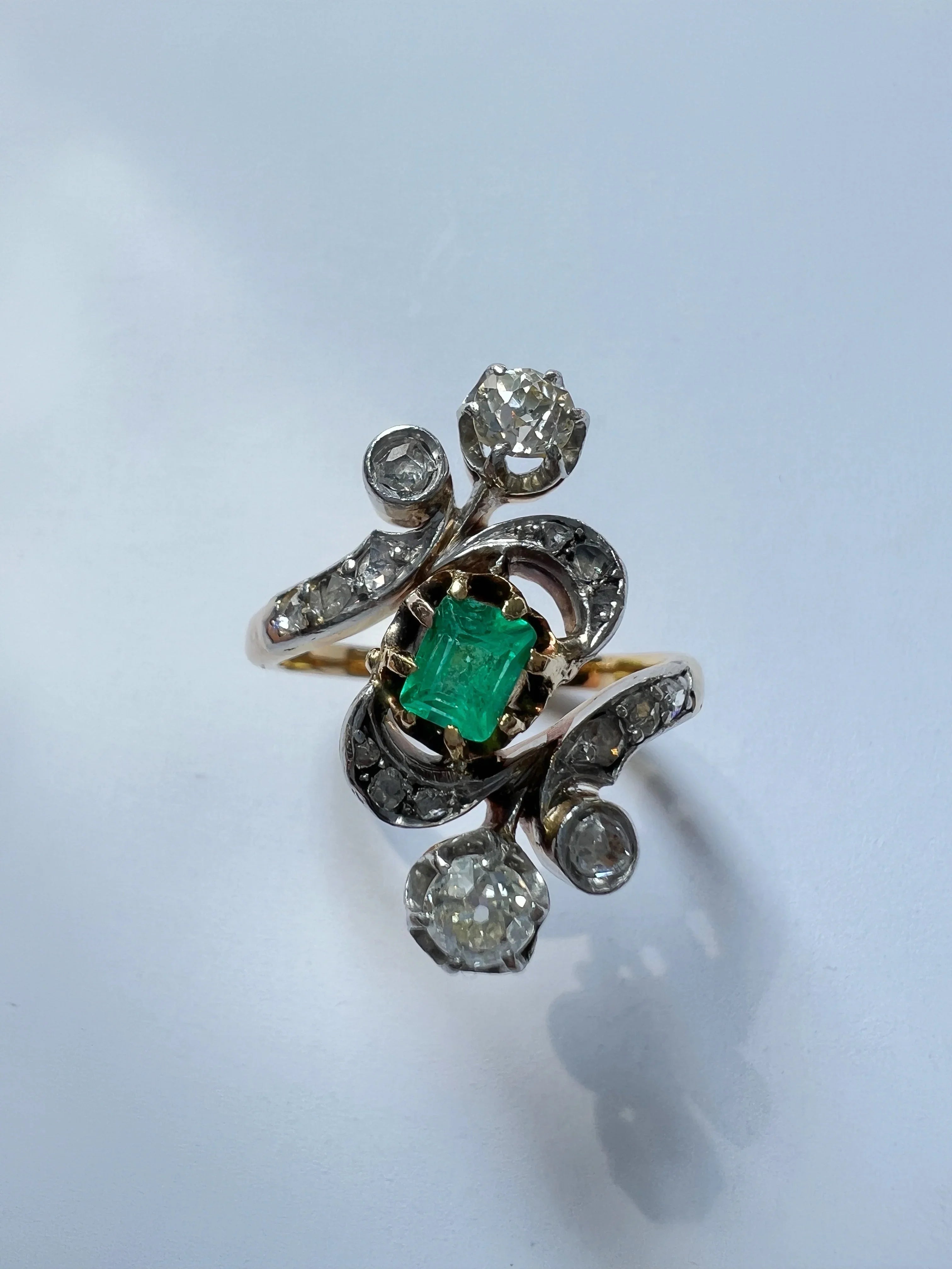 Victorian 18K Gold scroll Emerald & Diamond Ring