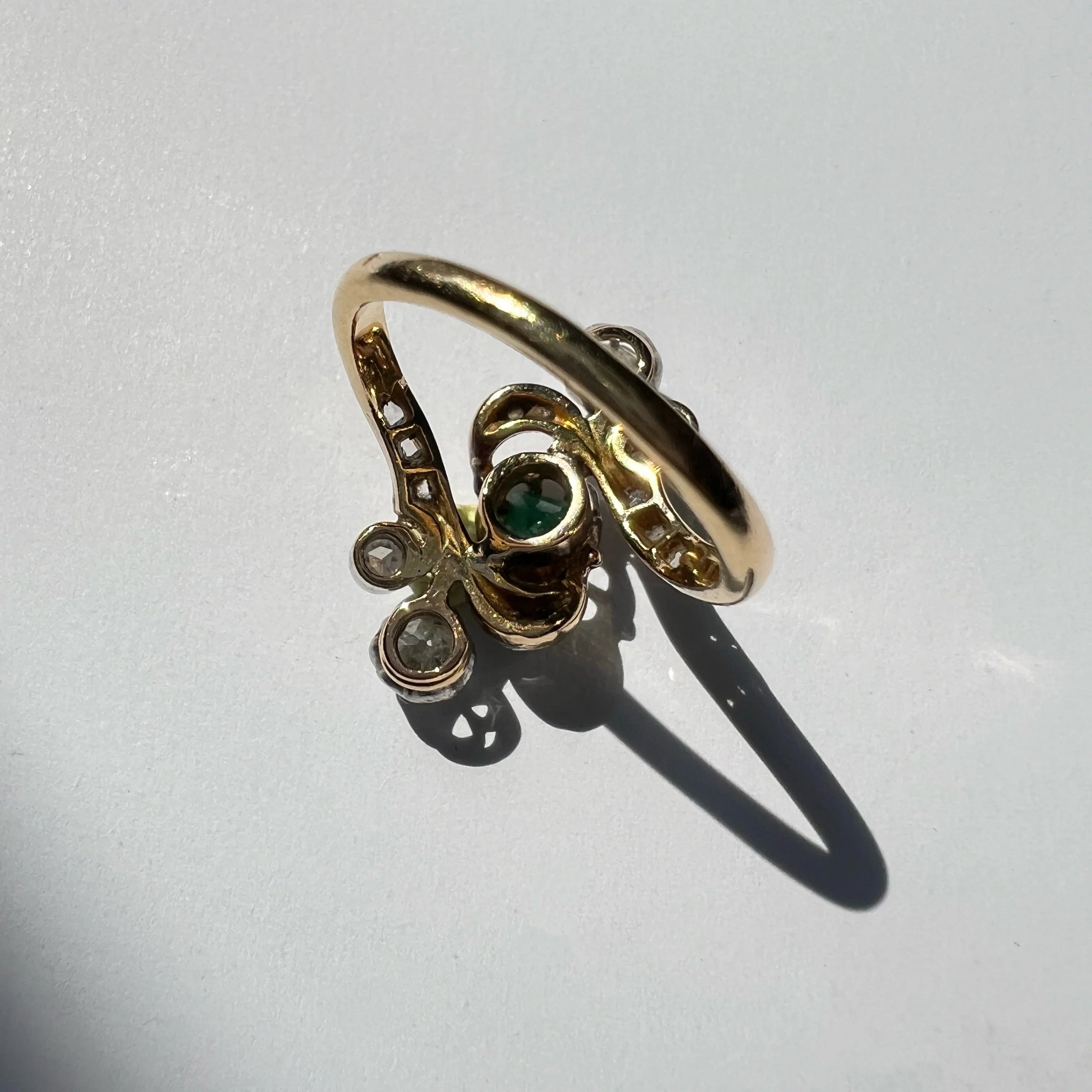 Victorian 18K Gold scroll Emerald & Diamond Ring