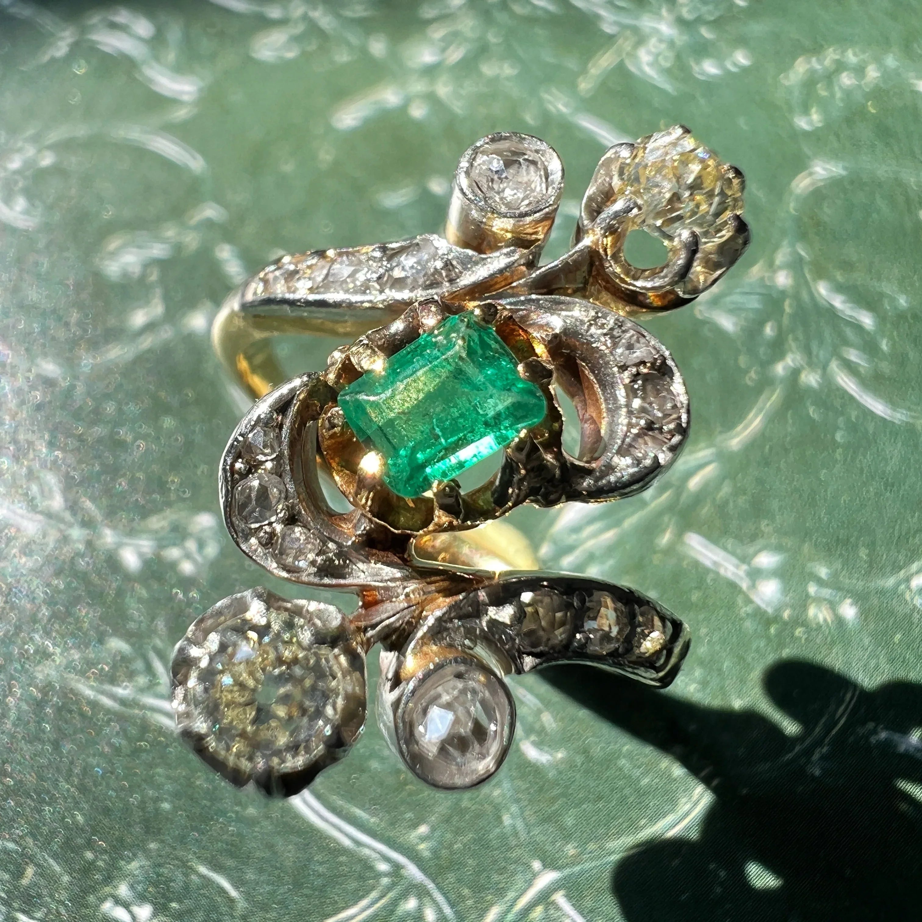 Victorian 18K Gold scroll Emerald & Diamond Ring