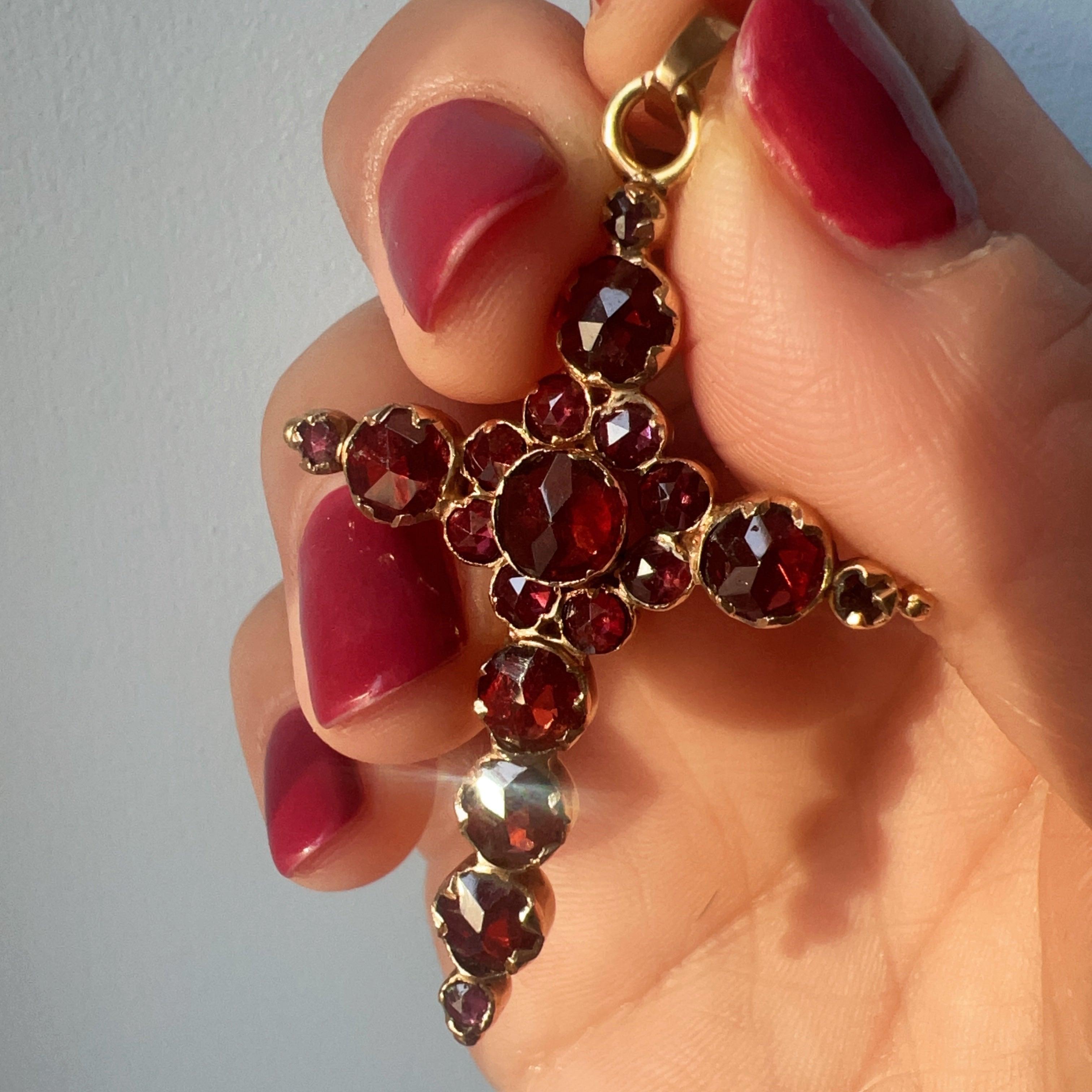 Victorian era 18K Perpignan garnet floral cross pendant