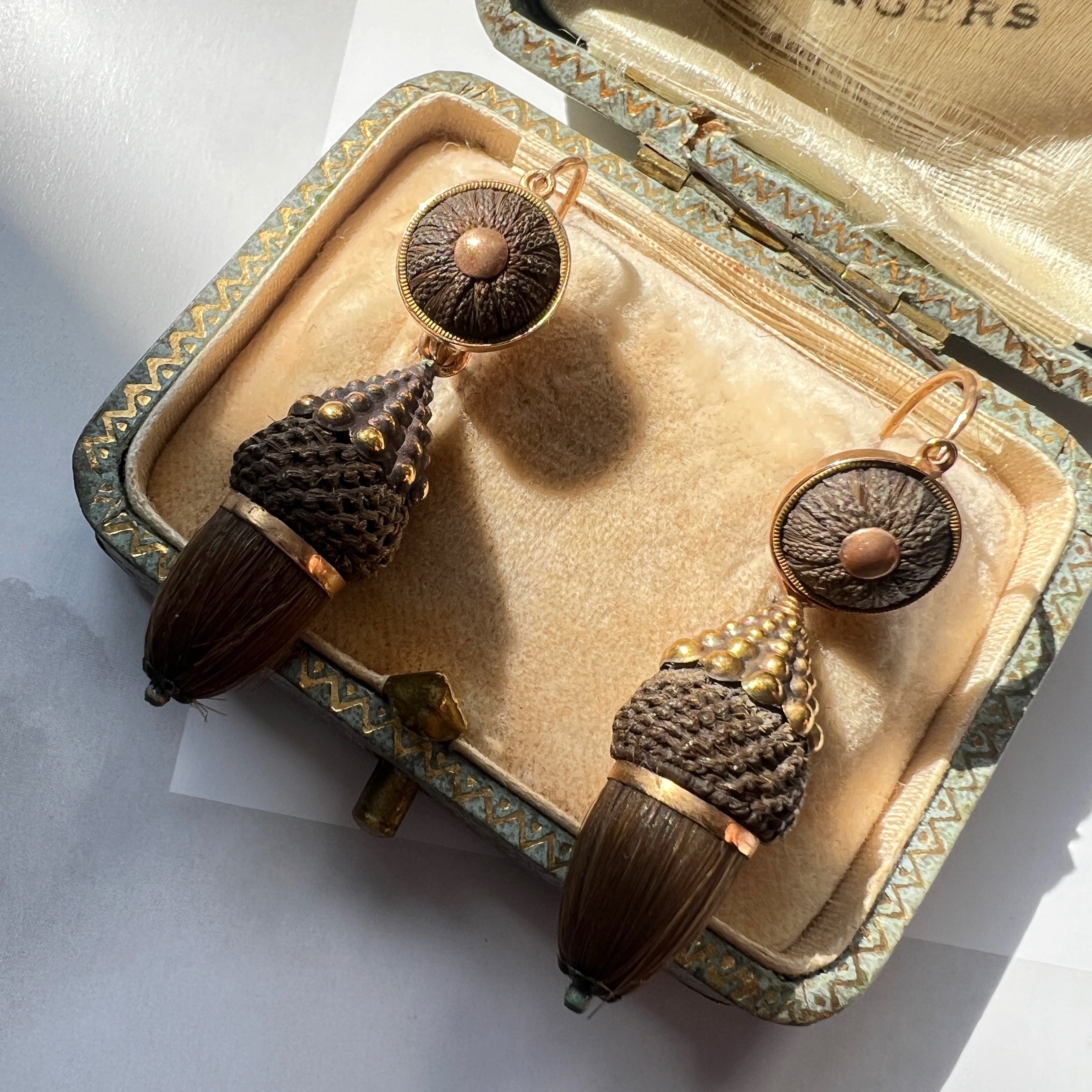 Victorian 18K gold Day & Night Woven Hair Acorns Earrings