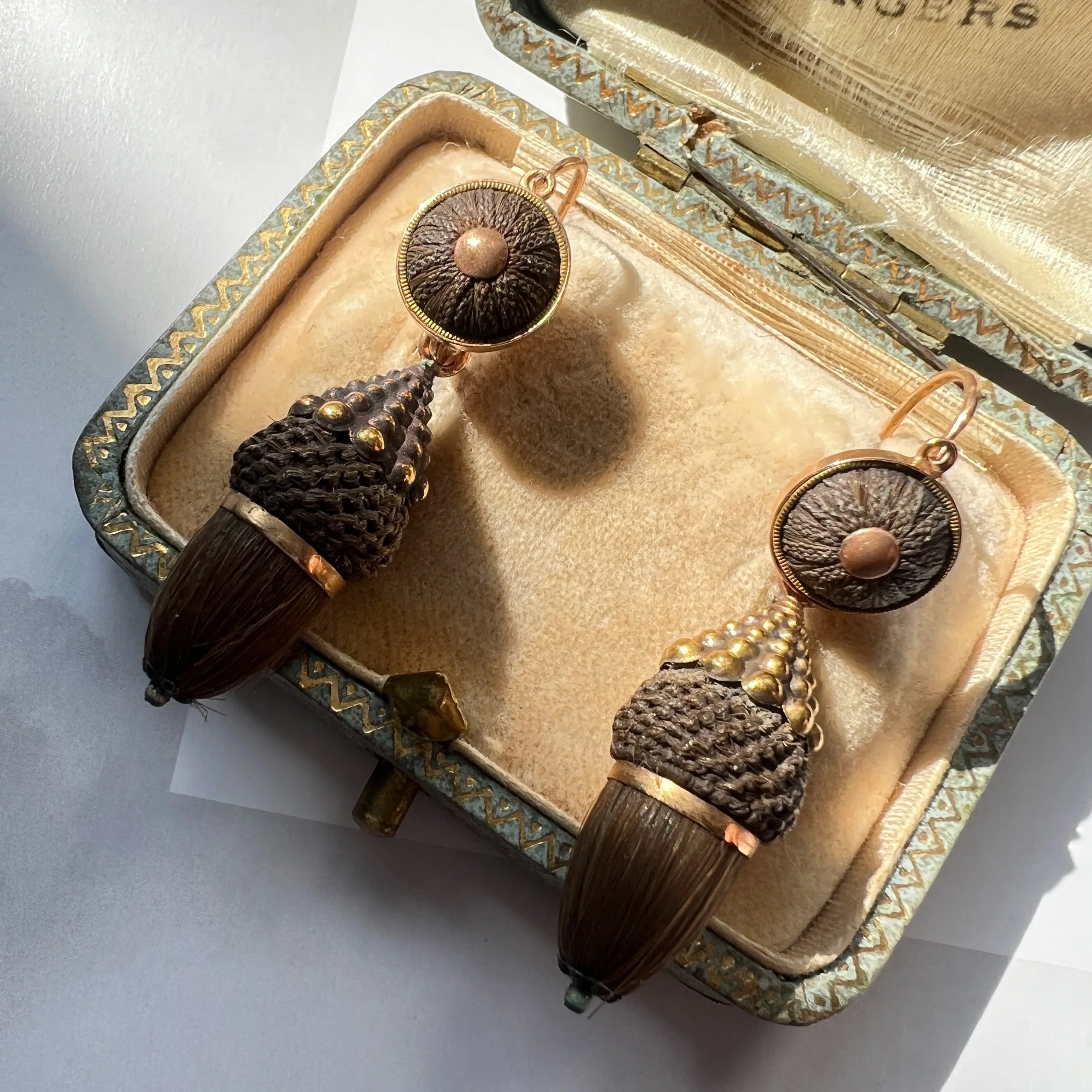 Victorian 18K gold Day & Night Woven Hair Acorns Earrings