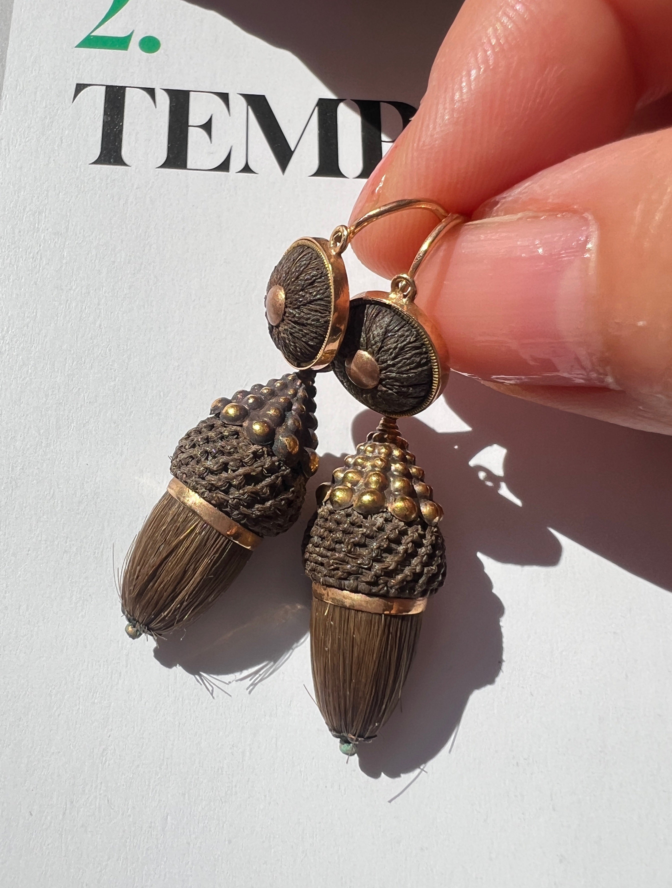 Victorian 18k gold Day & Night Woven Hair Acorns Earrings