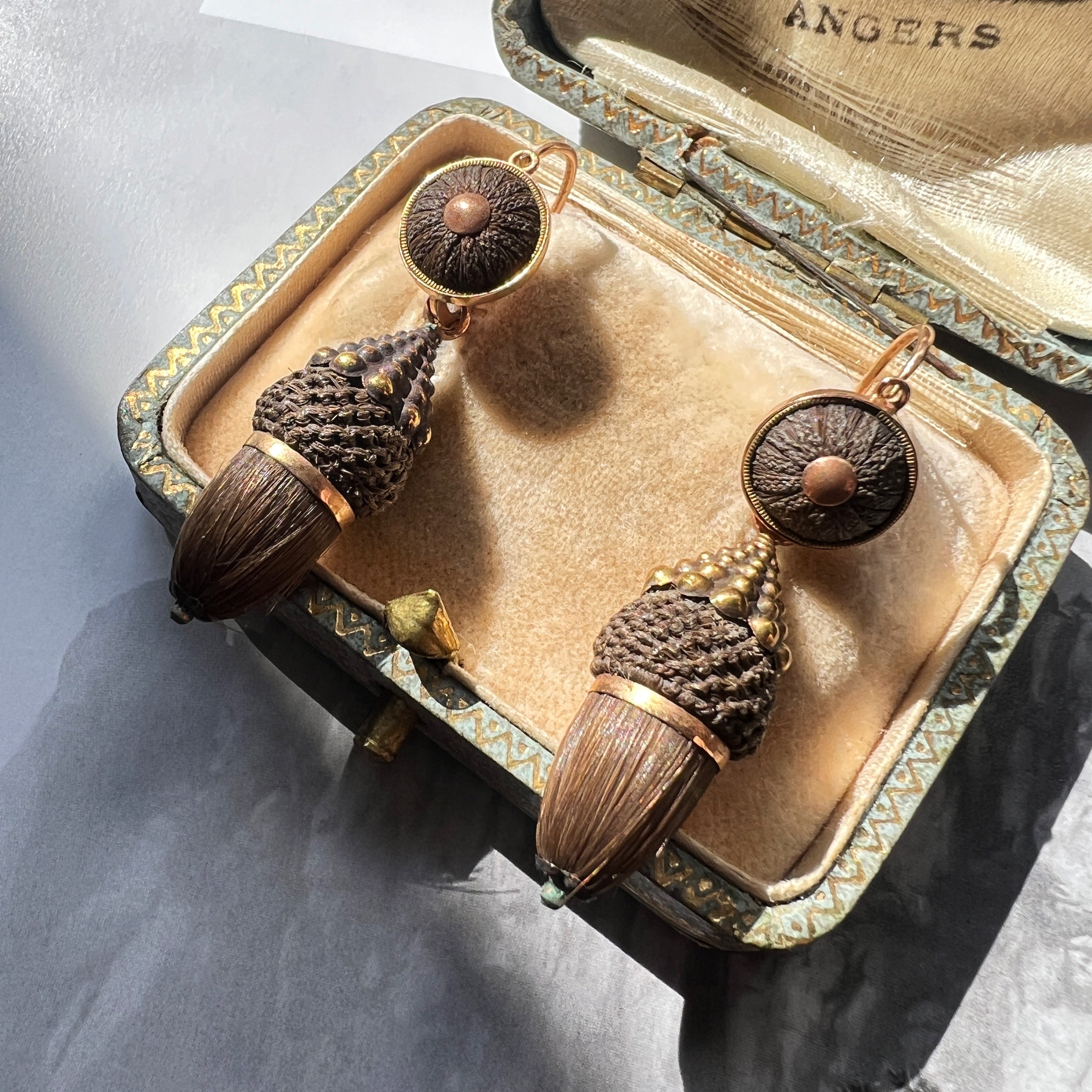 Victorian 18K gold Day & Night Woven Hair Acorns Earrings