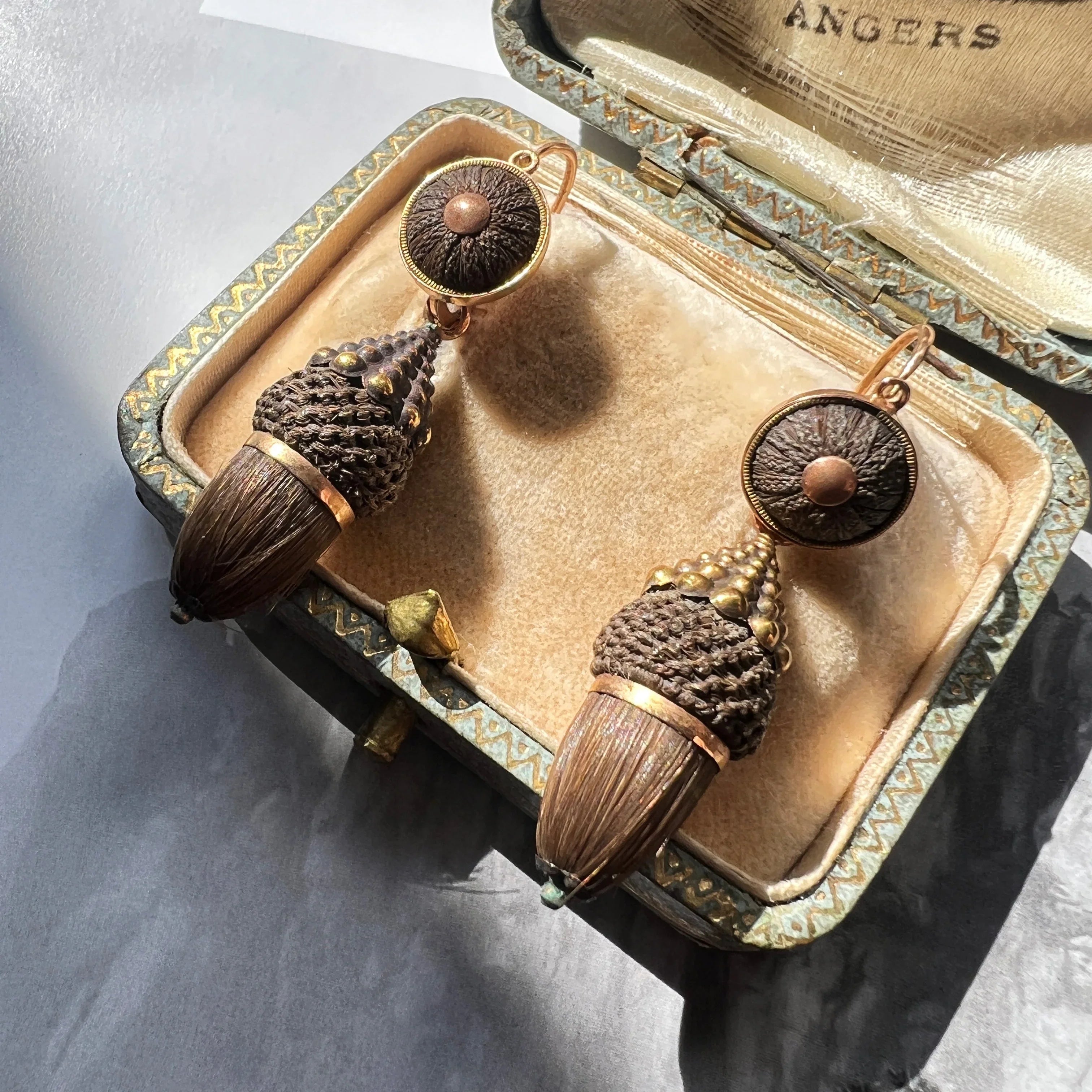 Victorian 18K gold Day & Night Woven Hair Acorns Earrings