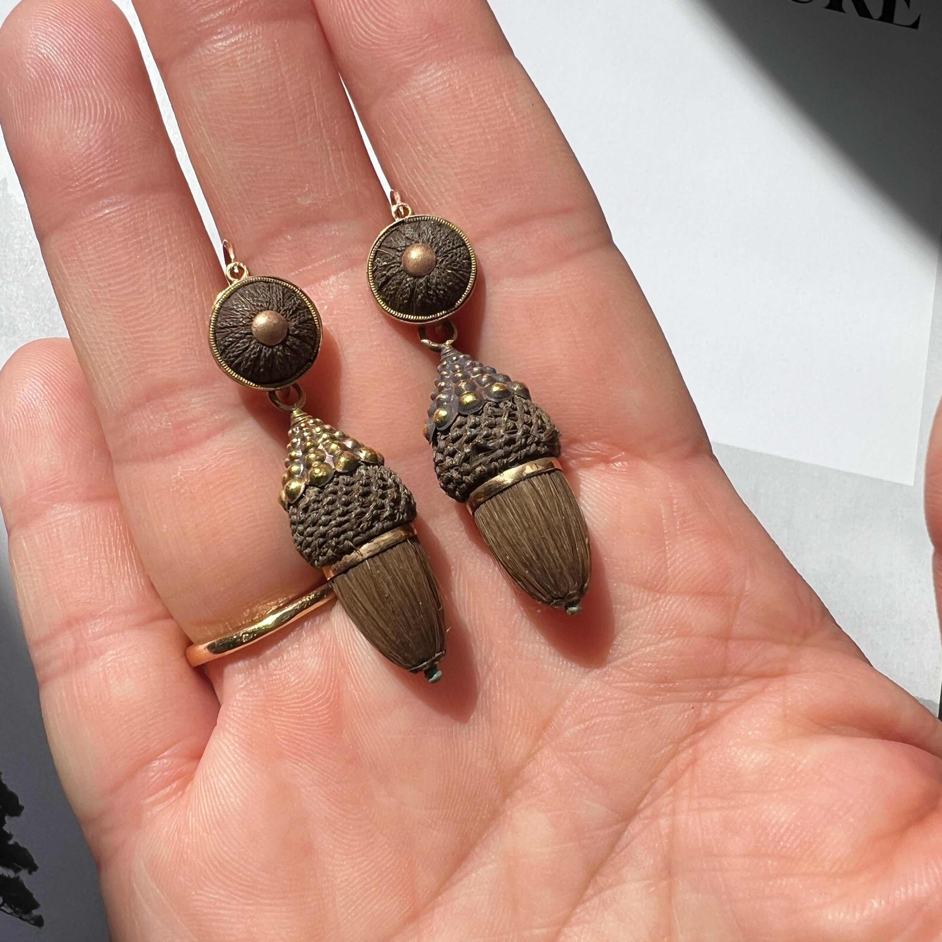 Victorian 18K gold Day & Night Woven Hair Acorns Earrings
