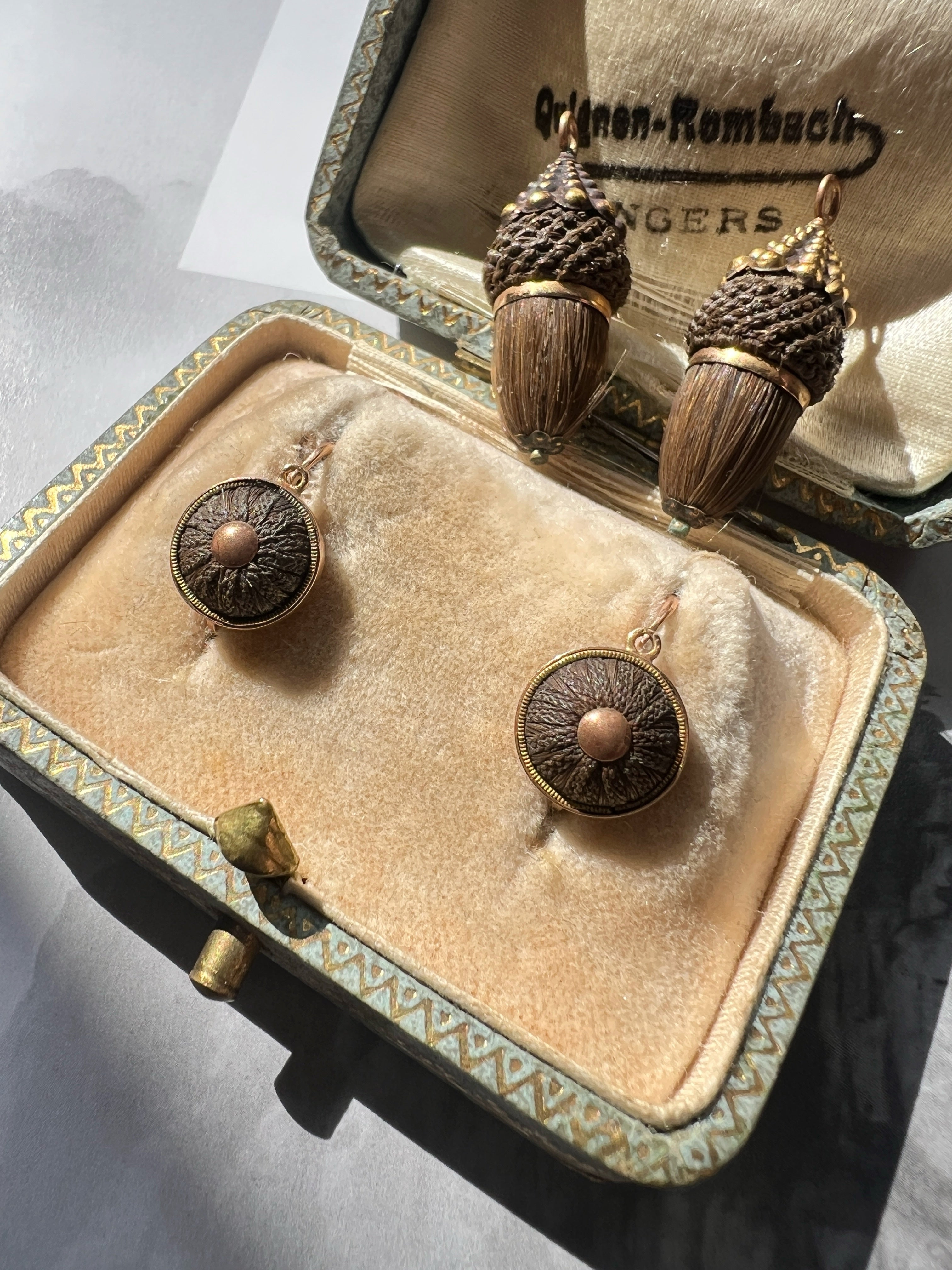Victorian 18K gold Day & Night Woven Hair Acorns Earrings
