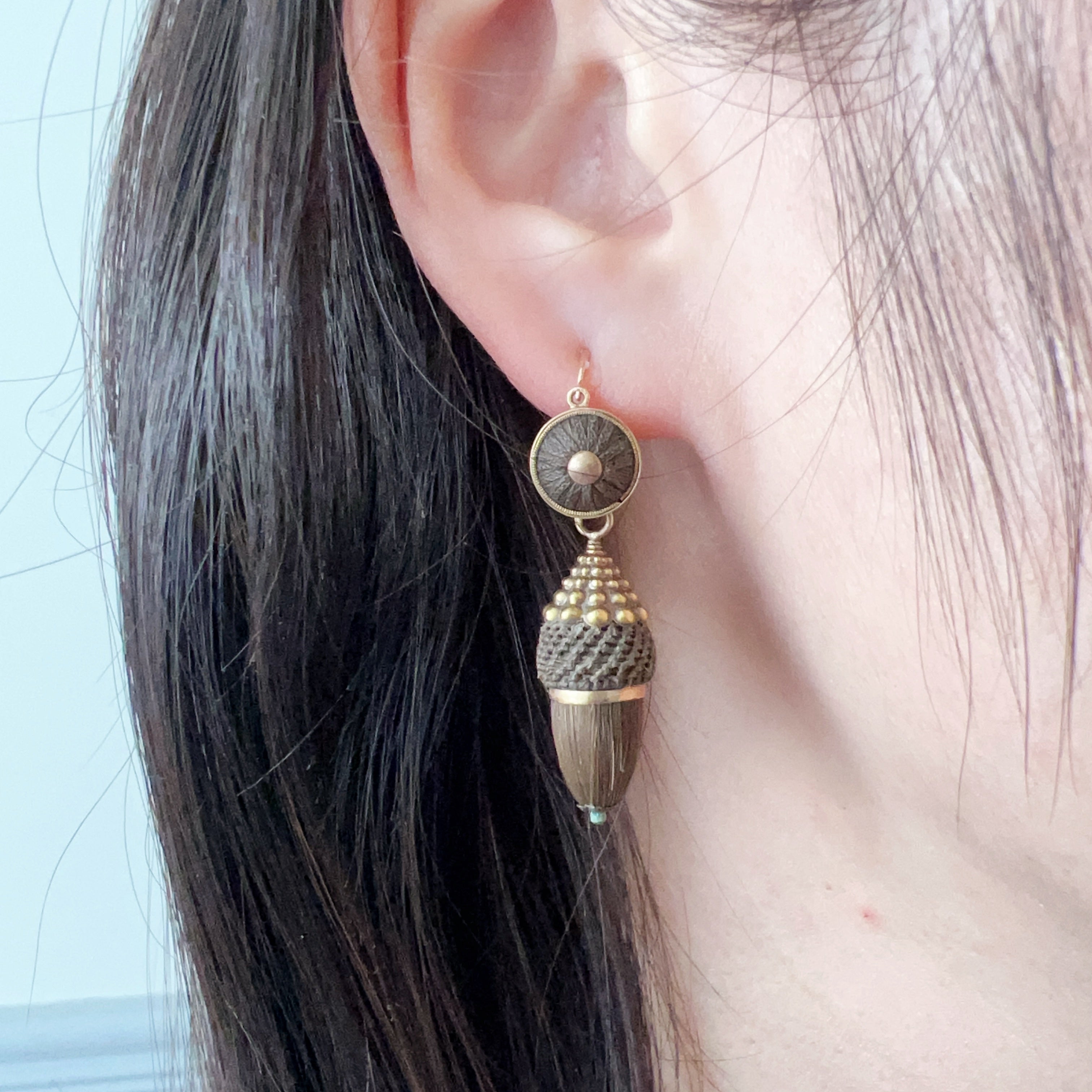 Victorian 18K gold Day & Night Woven Hair Acorns Earrings