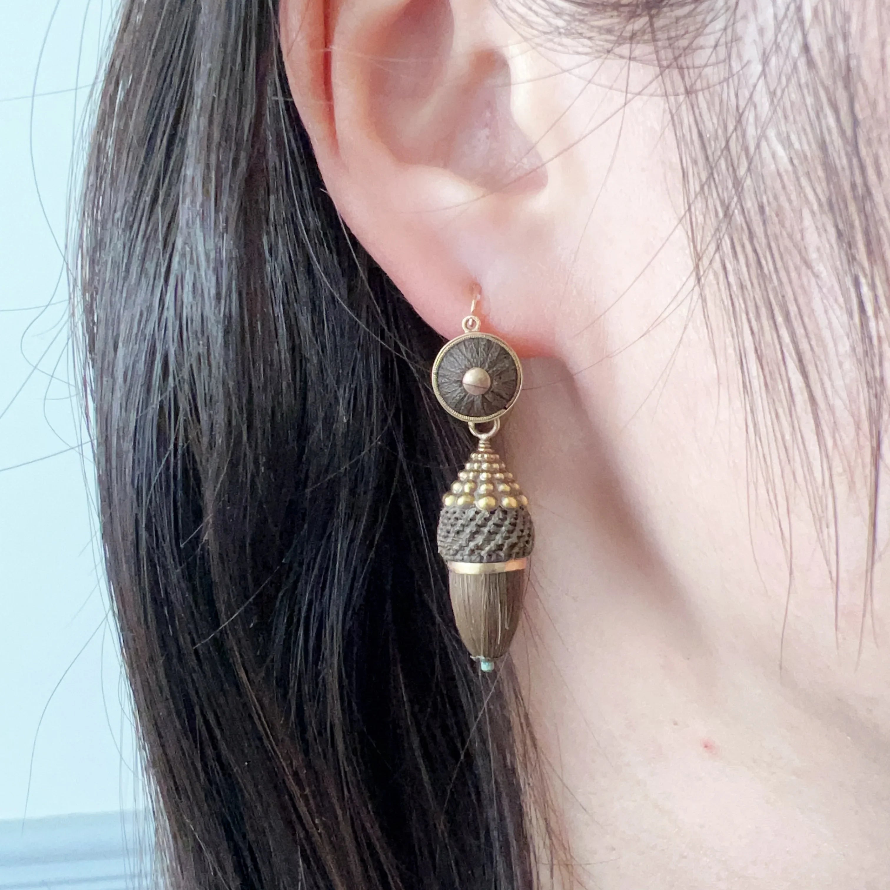 Victorian 18K gold Day & Night Woven Hair Acorns Earrings