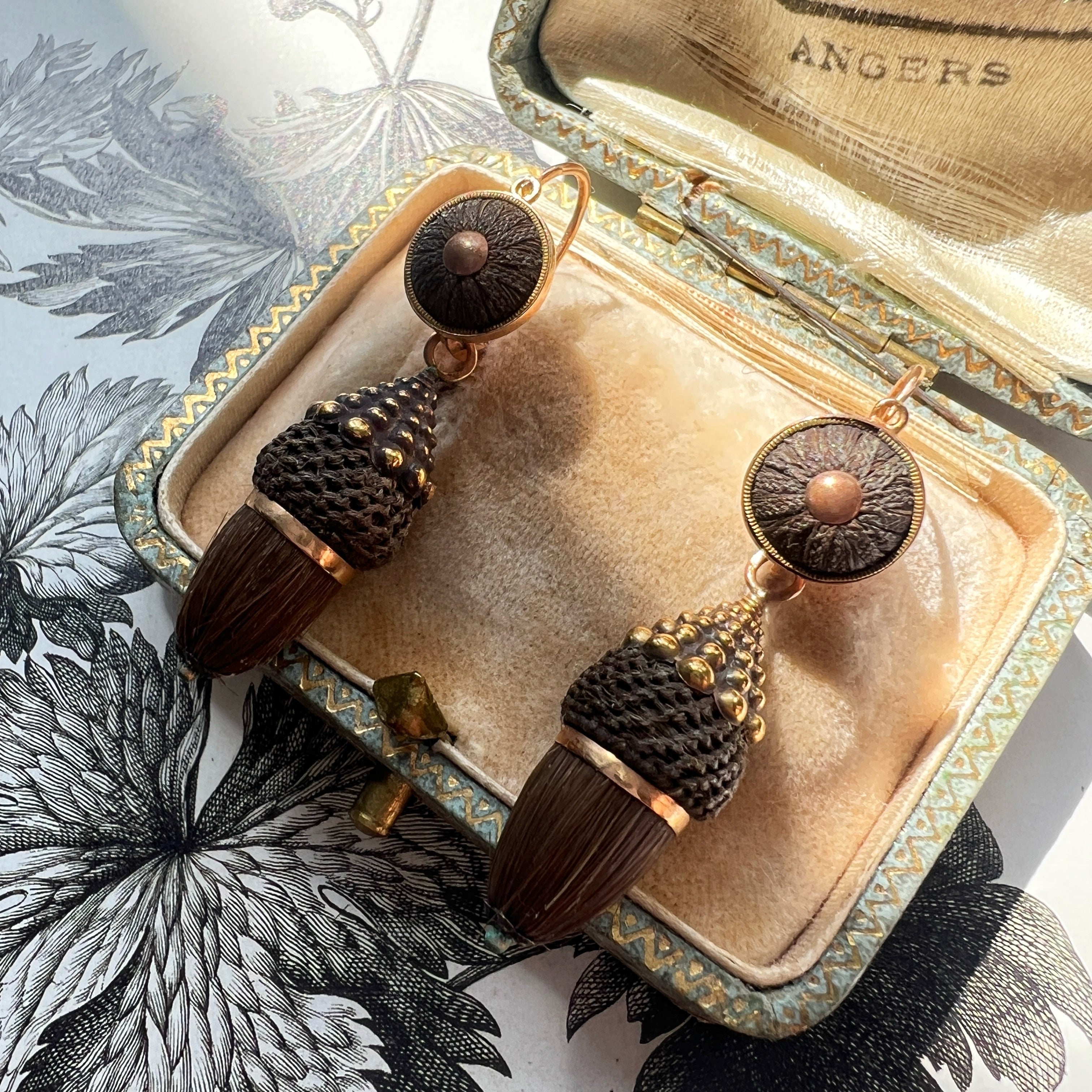 Victorian 18K gold Day & Night Woven Hair Acorns Earrings