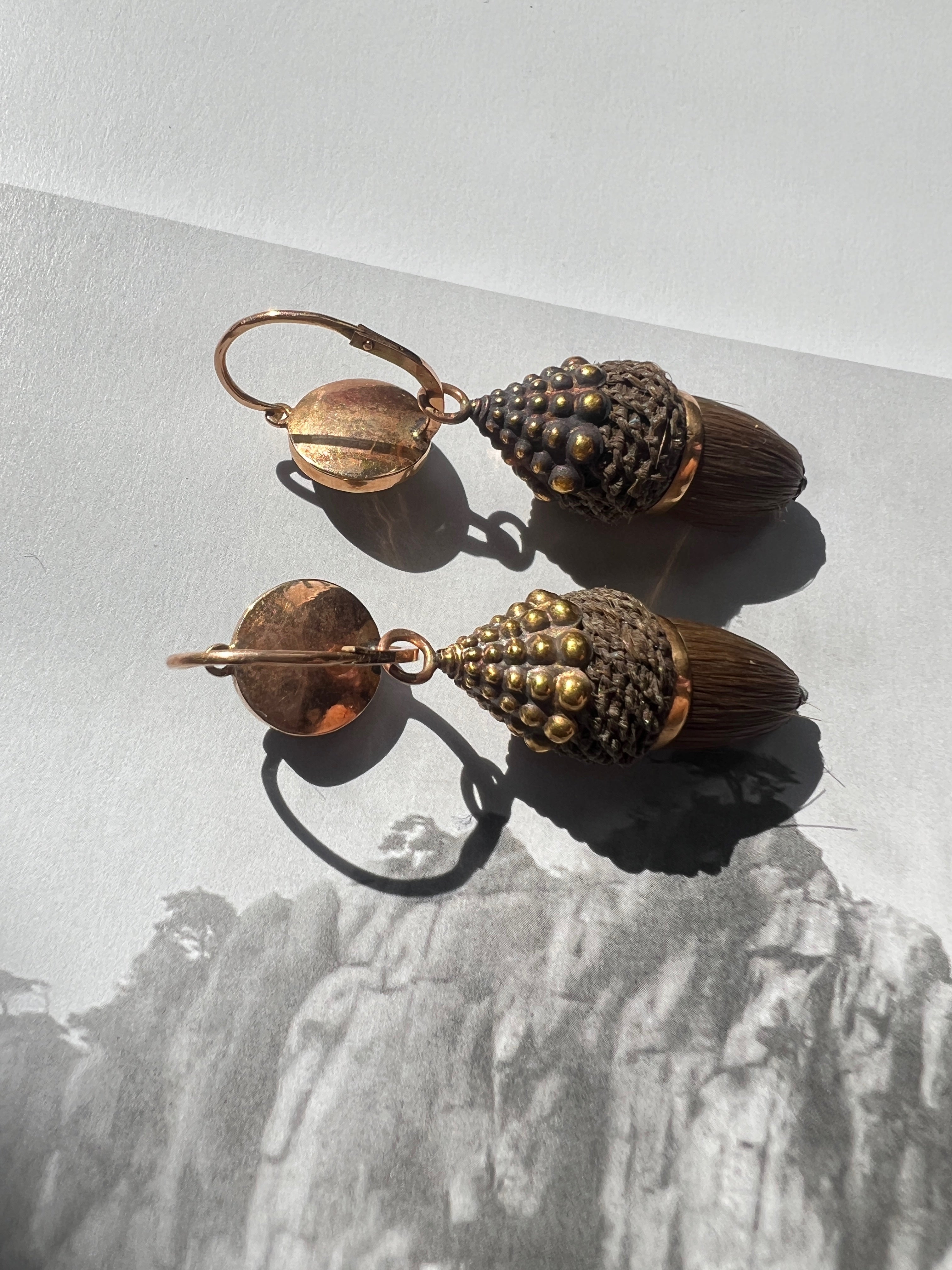 Victorian era 18K gold Day & Night Woven Hair Acorns Earrings