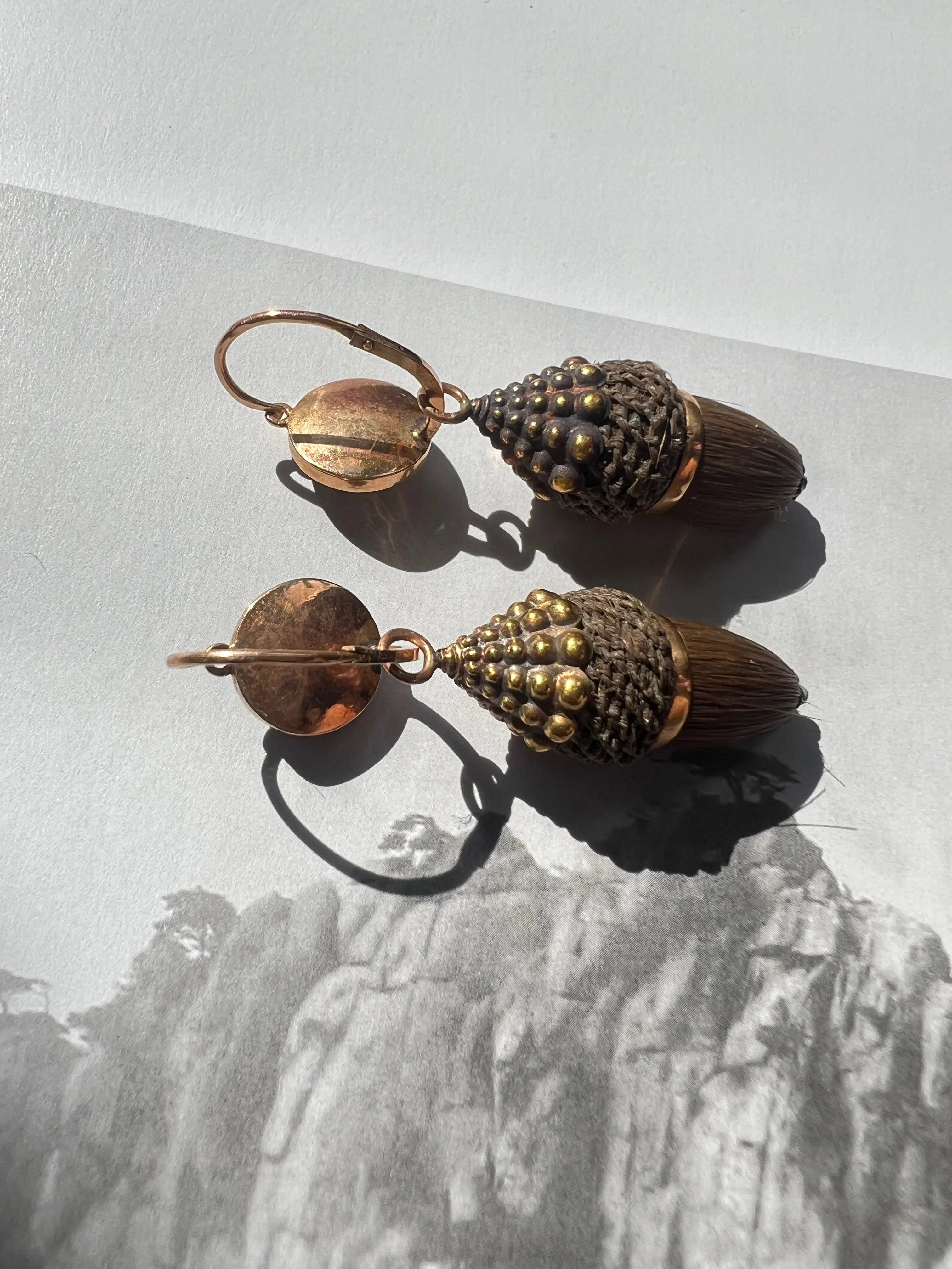 Victorian era 18K gold Day & Night Woven Hair Acorns Earrings