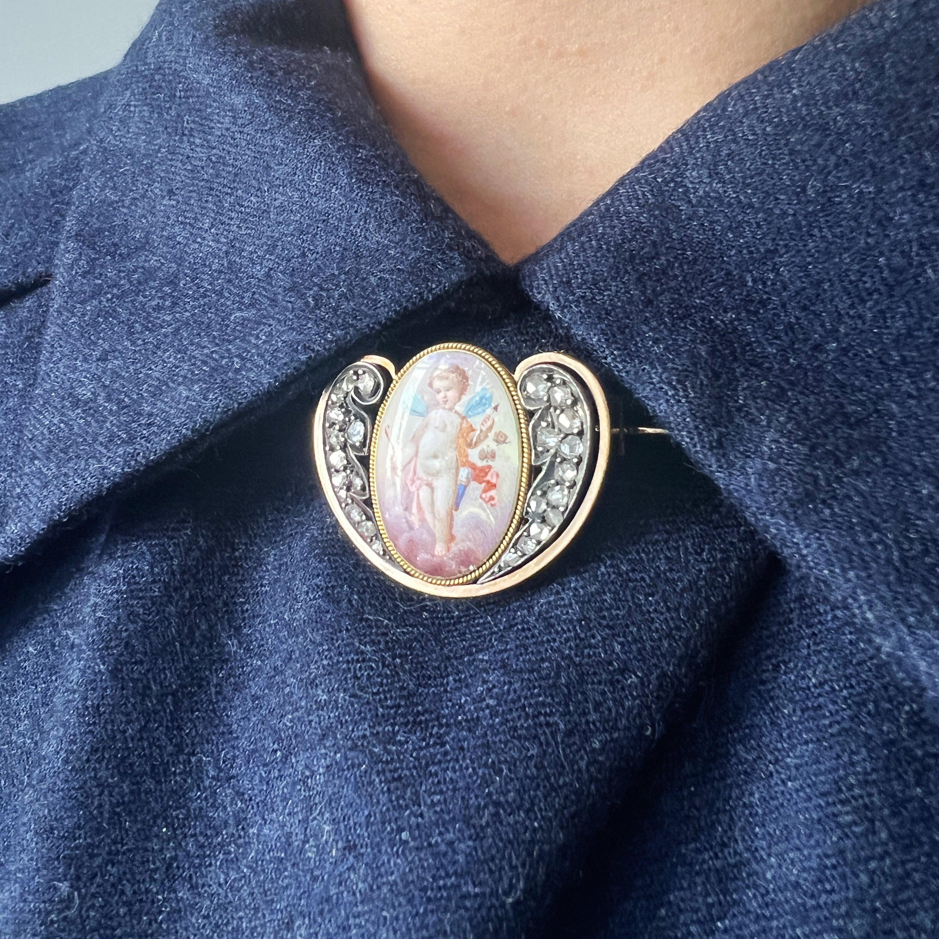 Victorian 18K gold cupid butterfly rose cut diamond brooch - Curiously timeless