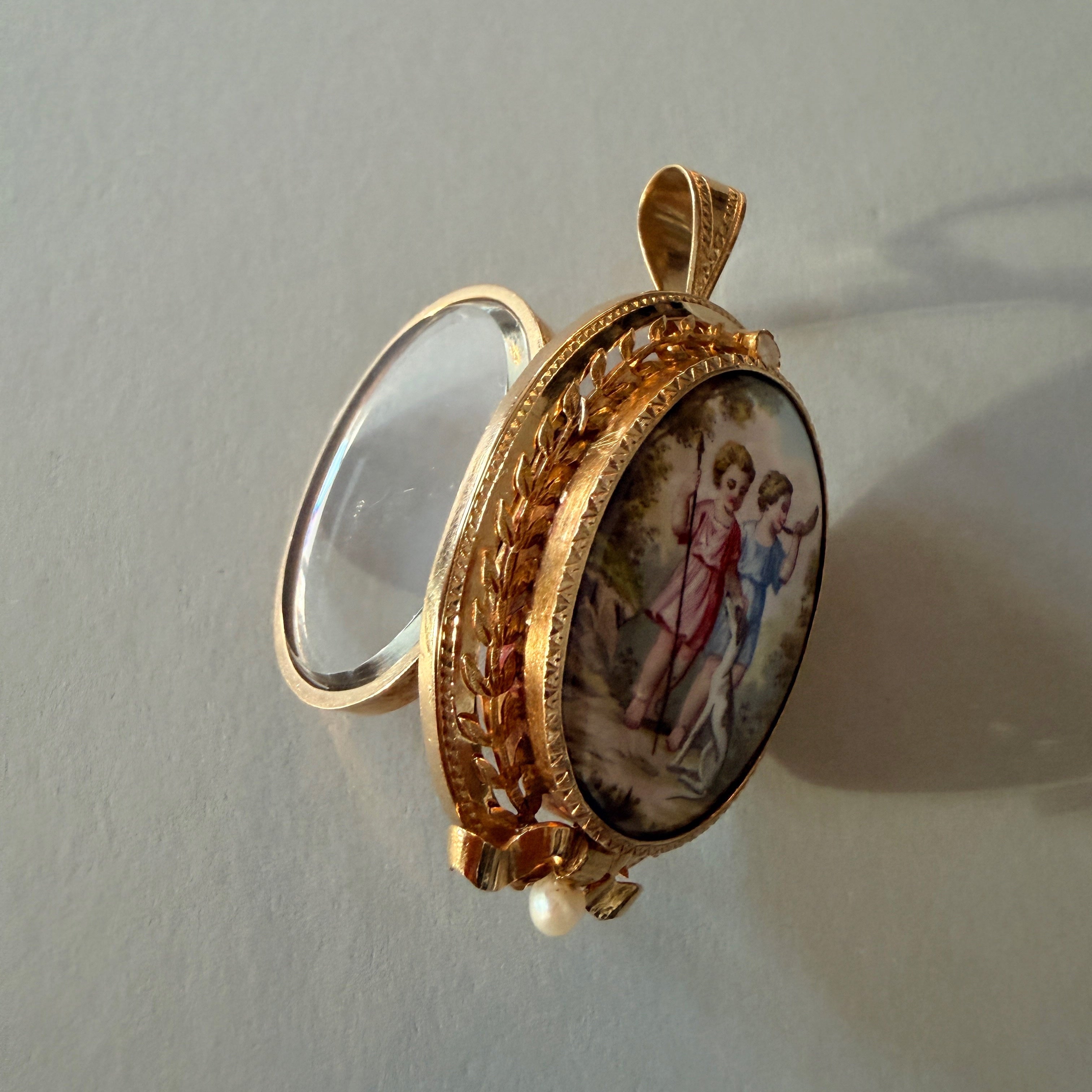 Victorian 18K Gold Enamel Locket Pendant with Cherubs & Dog