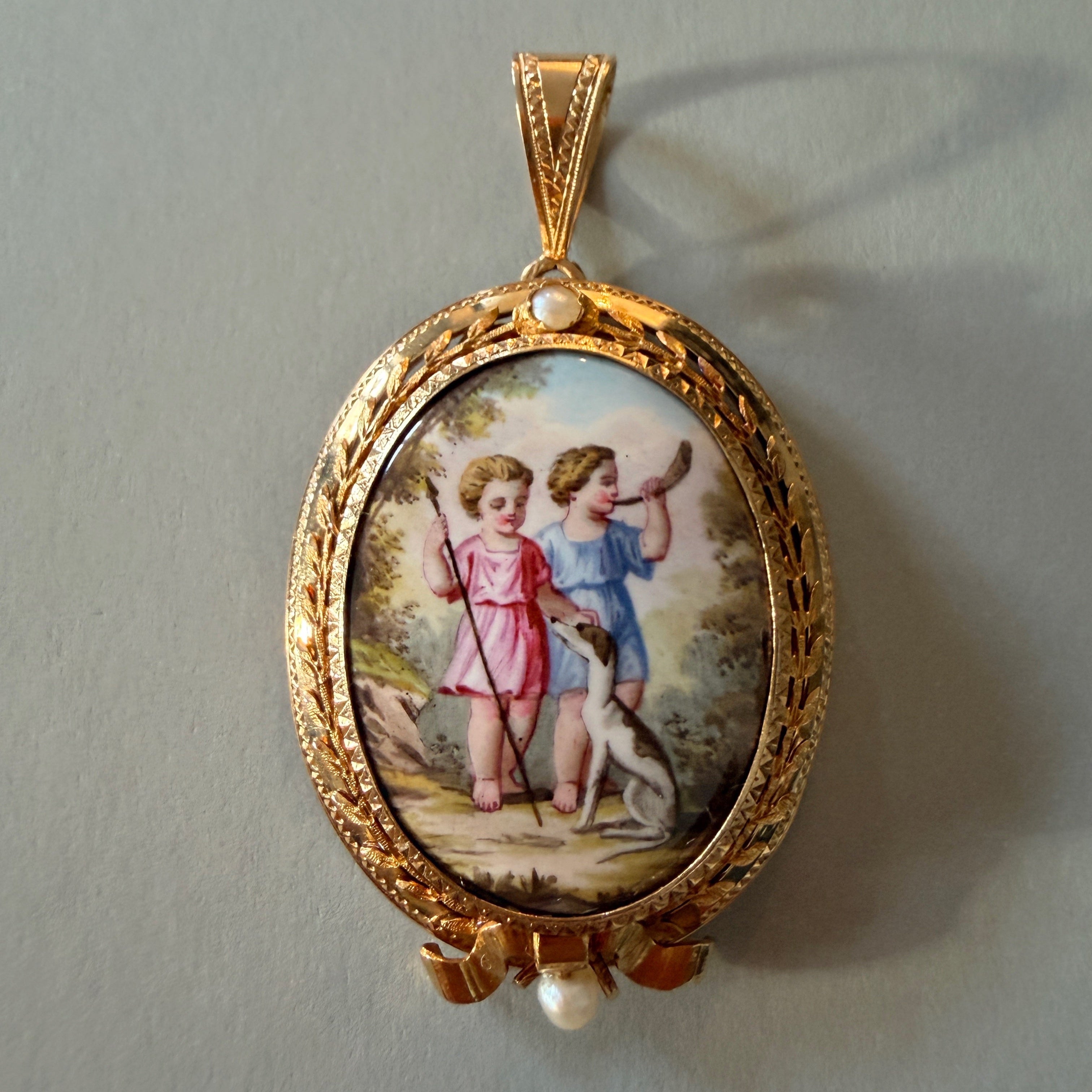 Victorian 18K Gold Enamel Cherubs & Dog Locket Pendant