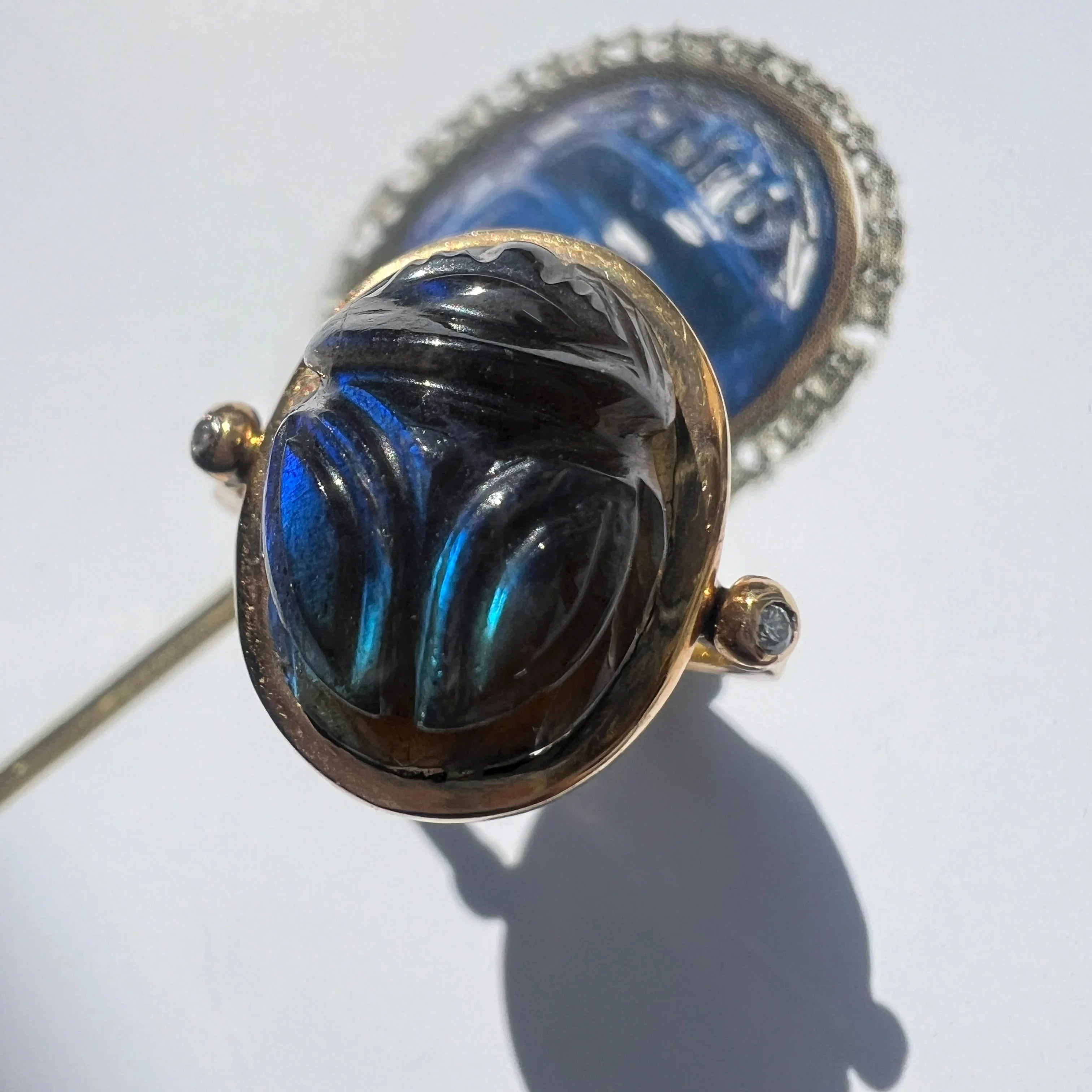 Art Deco Egyptian Revival 18K gold labradorite scarab ring