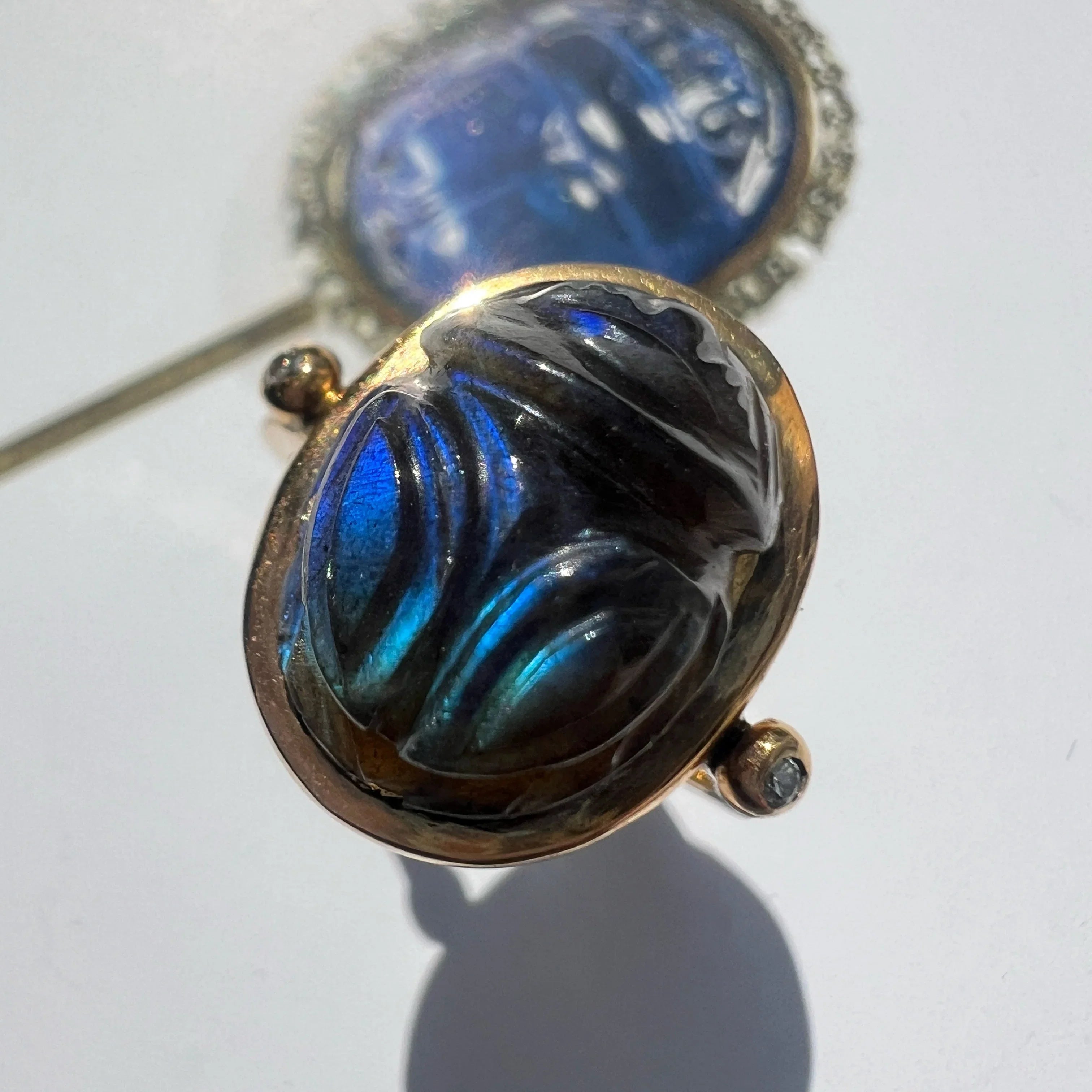 Art Deco Egyptian Revival 18K gold labradorite scarab ring