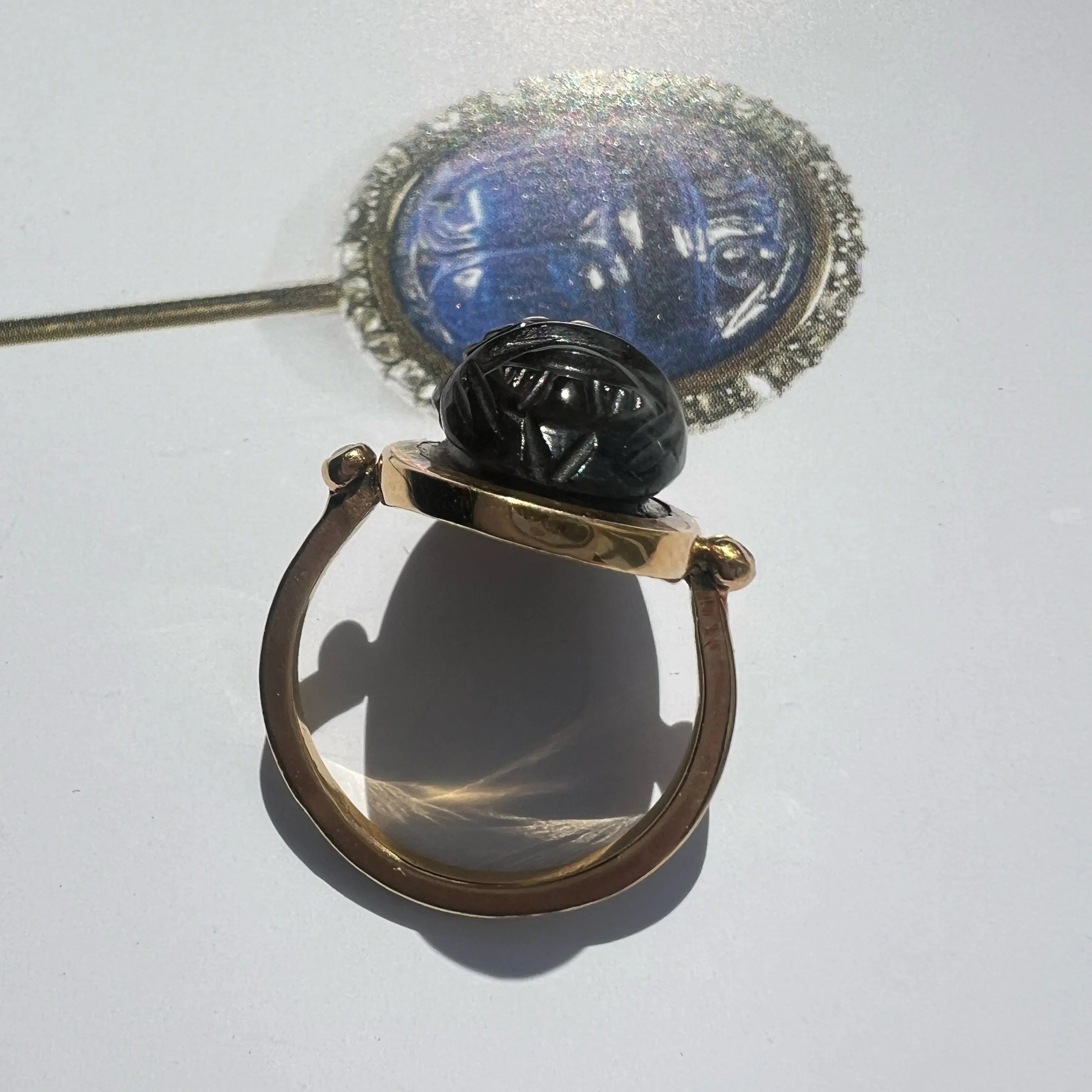 Art Deco Egyptian Revival 18K gold labradorite scarab ring