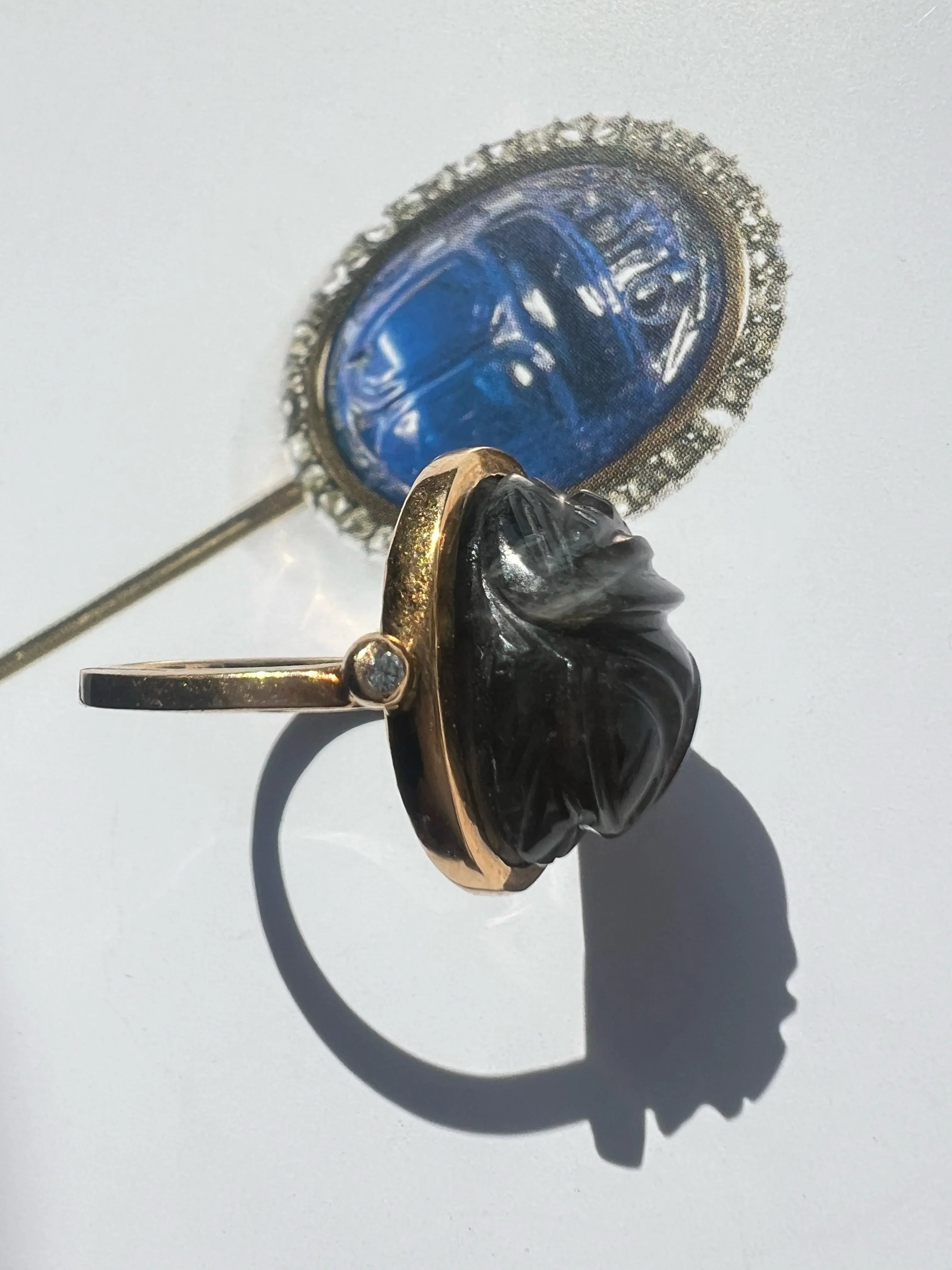 Art Deco Egyptian Revival 18K gold labradorite scarab ring