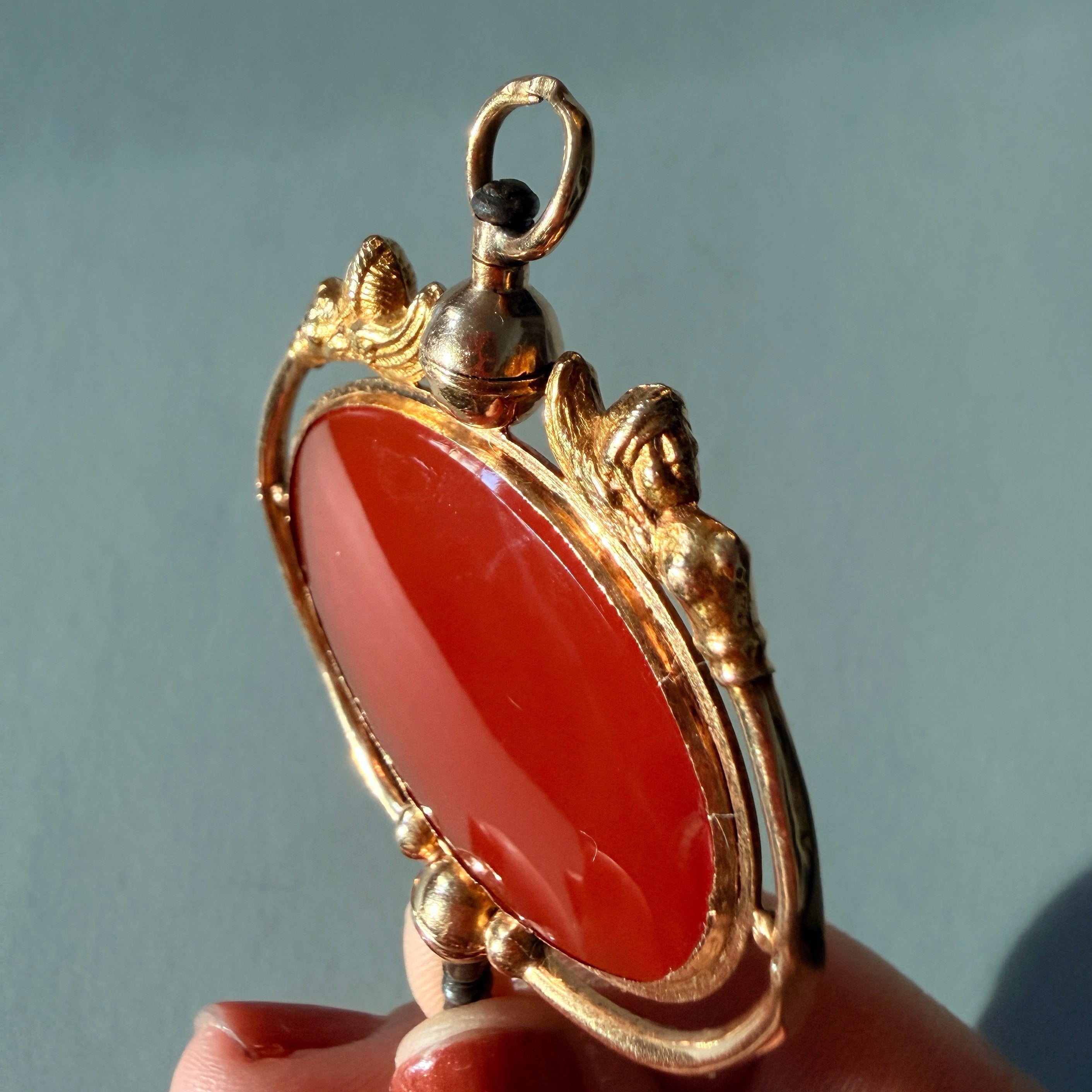 Victorian era 18K gold Egyptomania cornelian watch key pendant