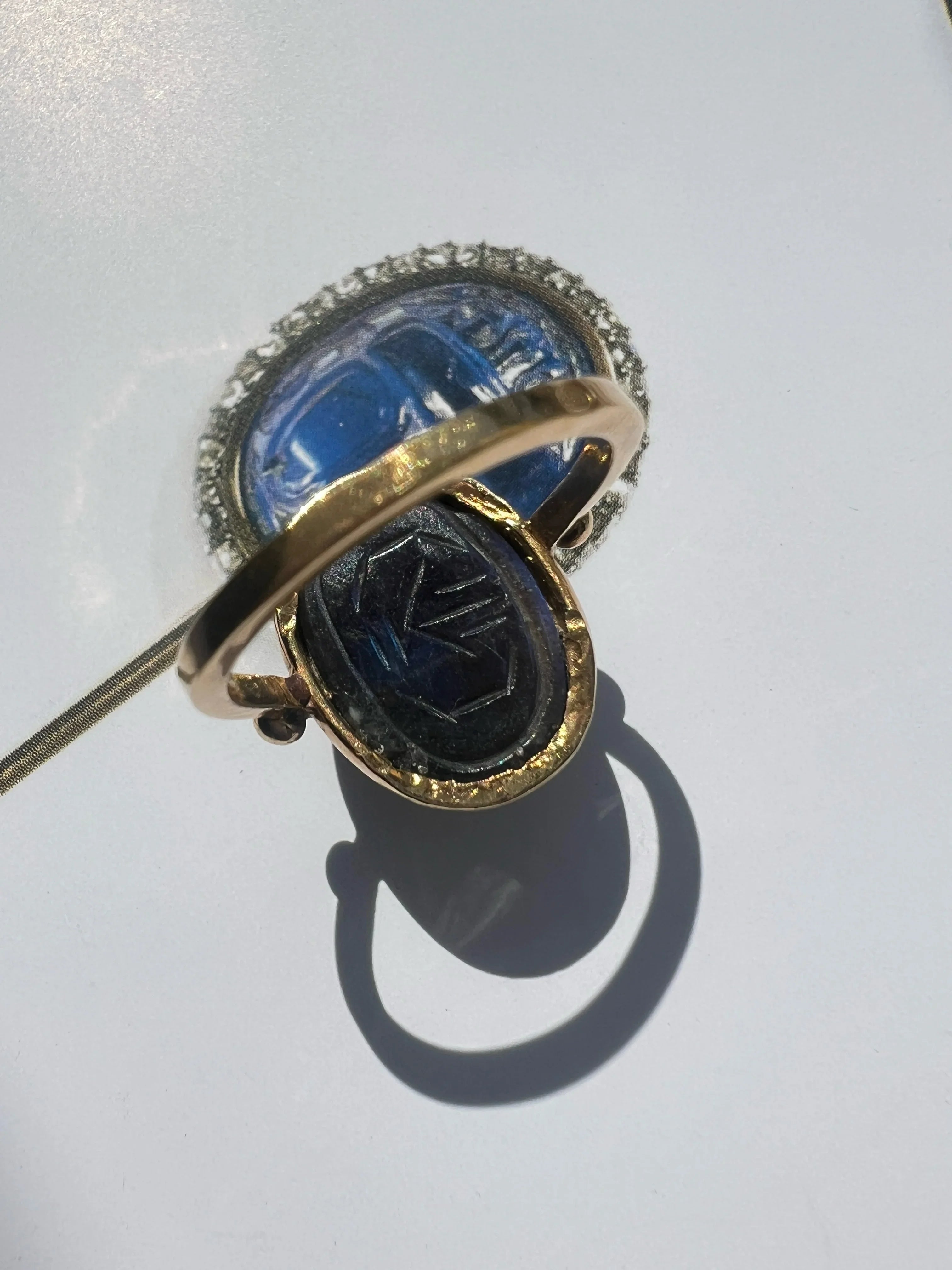 Art Deco Egyptian Revival 18K gold labradorite scarab ring