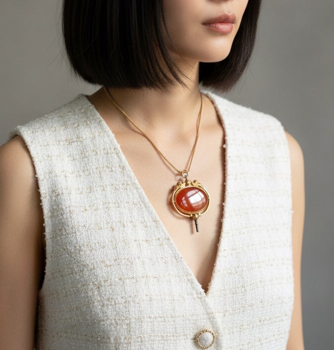 Victorian era 18K gold Egyptomania cornelian watch key pendant