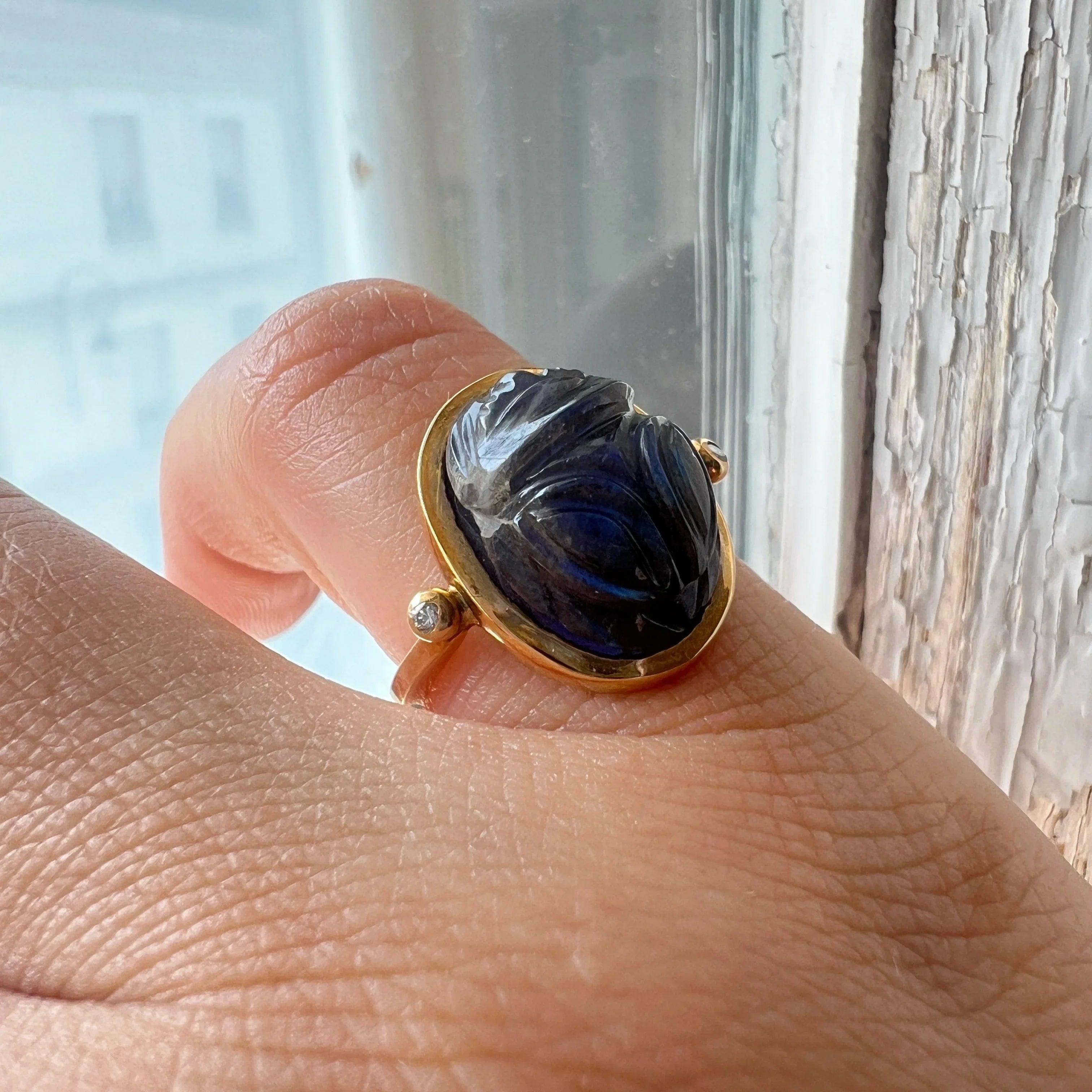 Art Deco Egyptian Revival 18K gold labradorite scarab ring