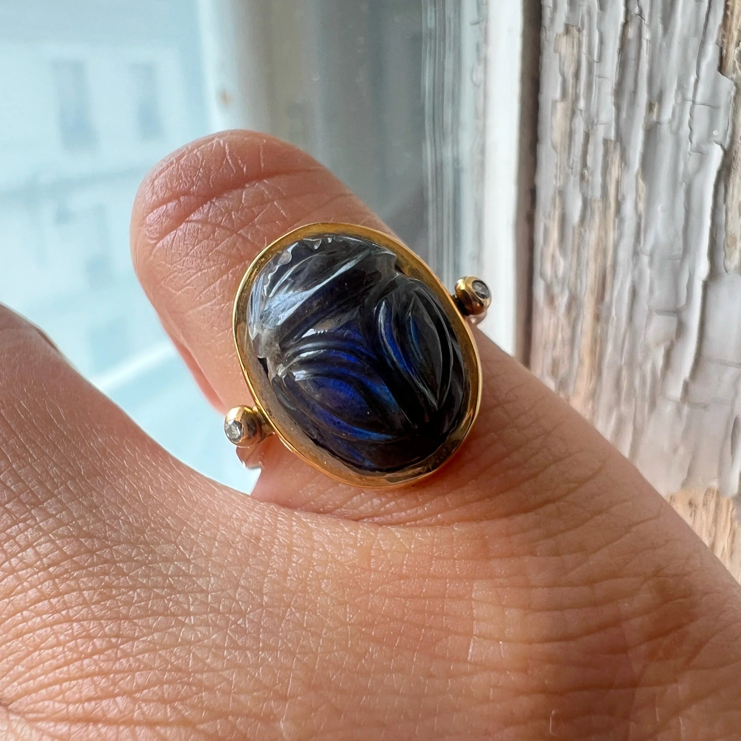 Art Deco Egyptian Revival 18K gold labradorite scarab ring