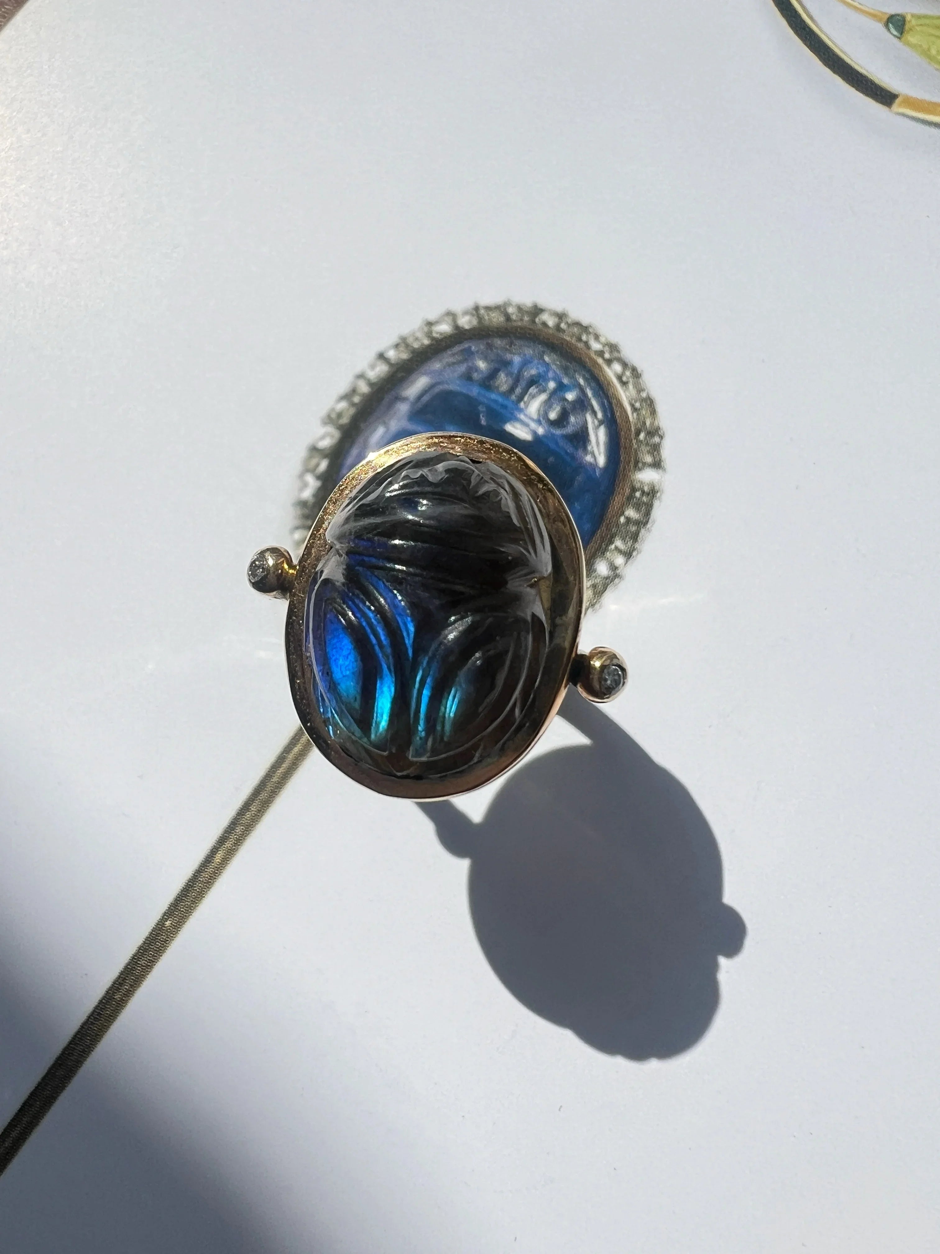 Art Deco Egyptian Revival 18K gold labradorite scarab ring