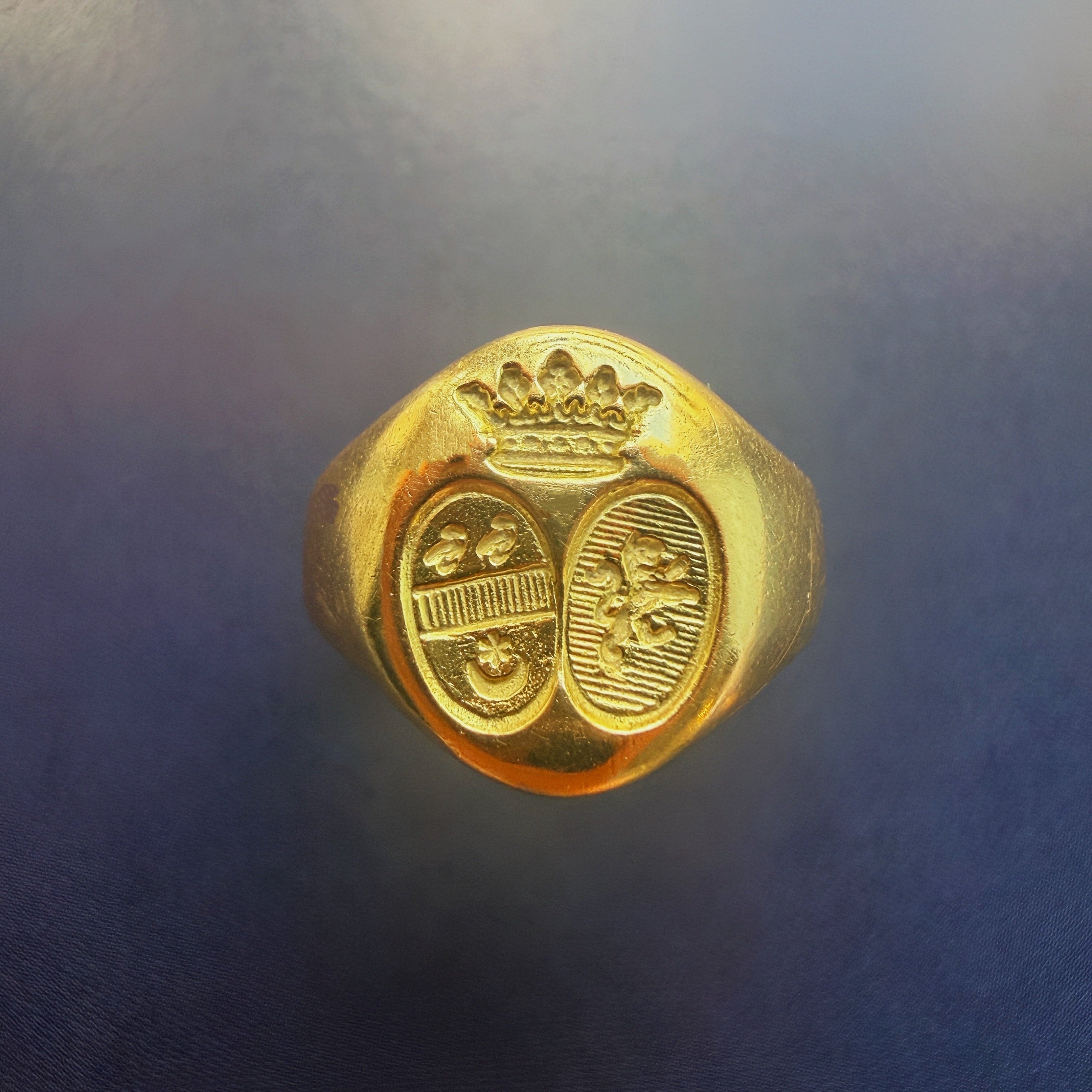 Antique French 18K Gold Signet Ring, Crown & double Coats of Arms