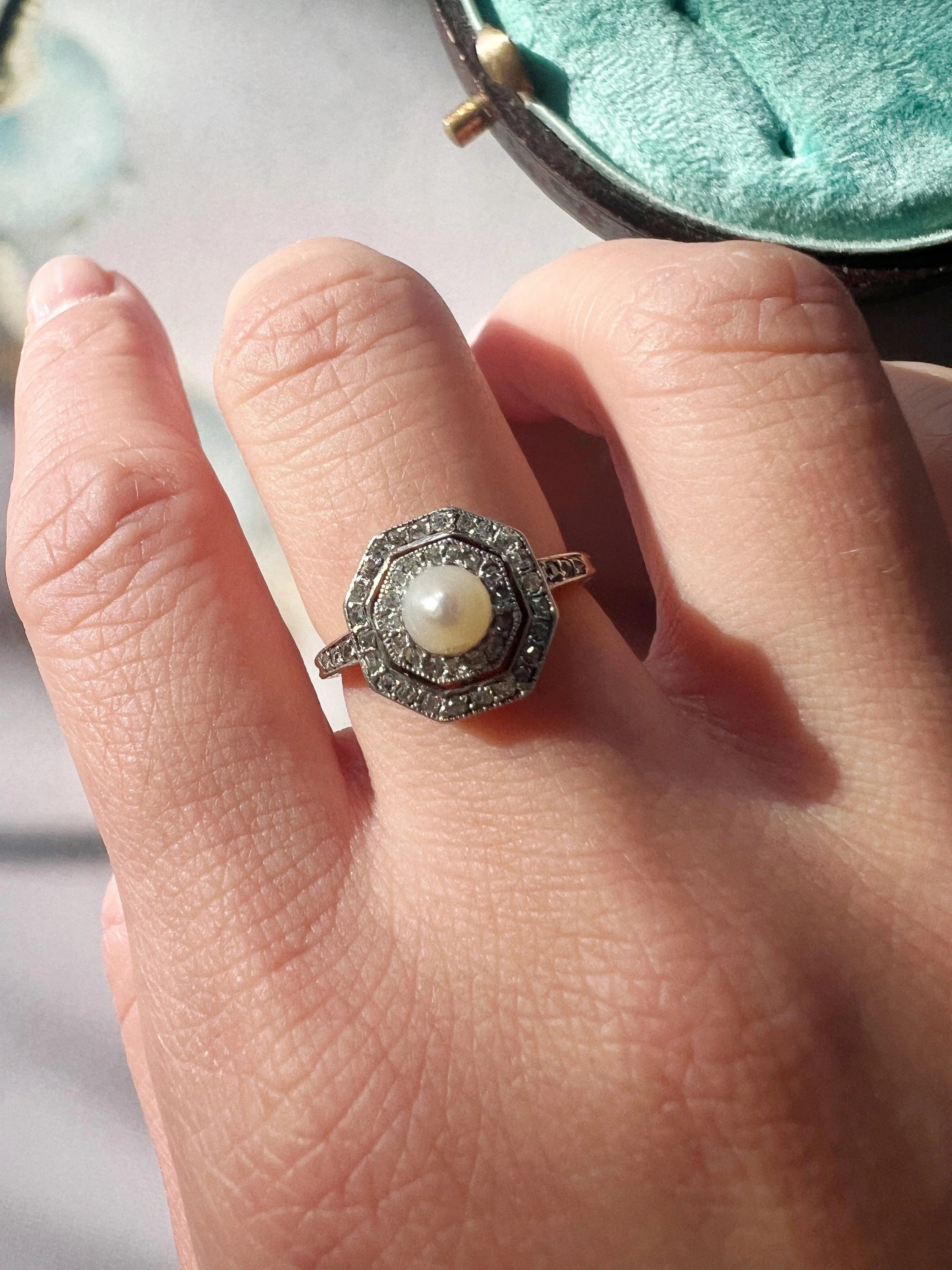Art Deco 18K gold platinum diamond pearl ring - Curiously timeless