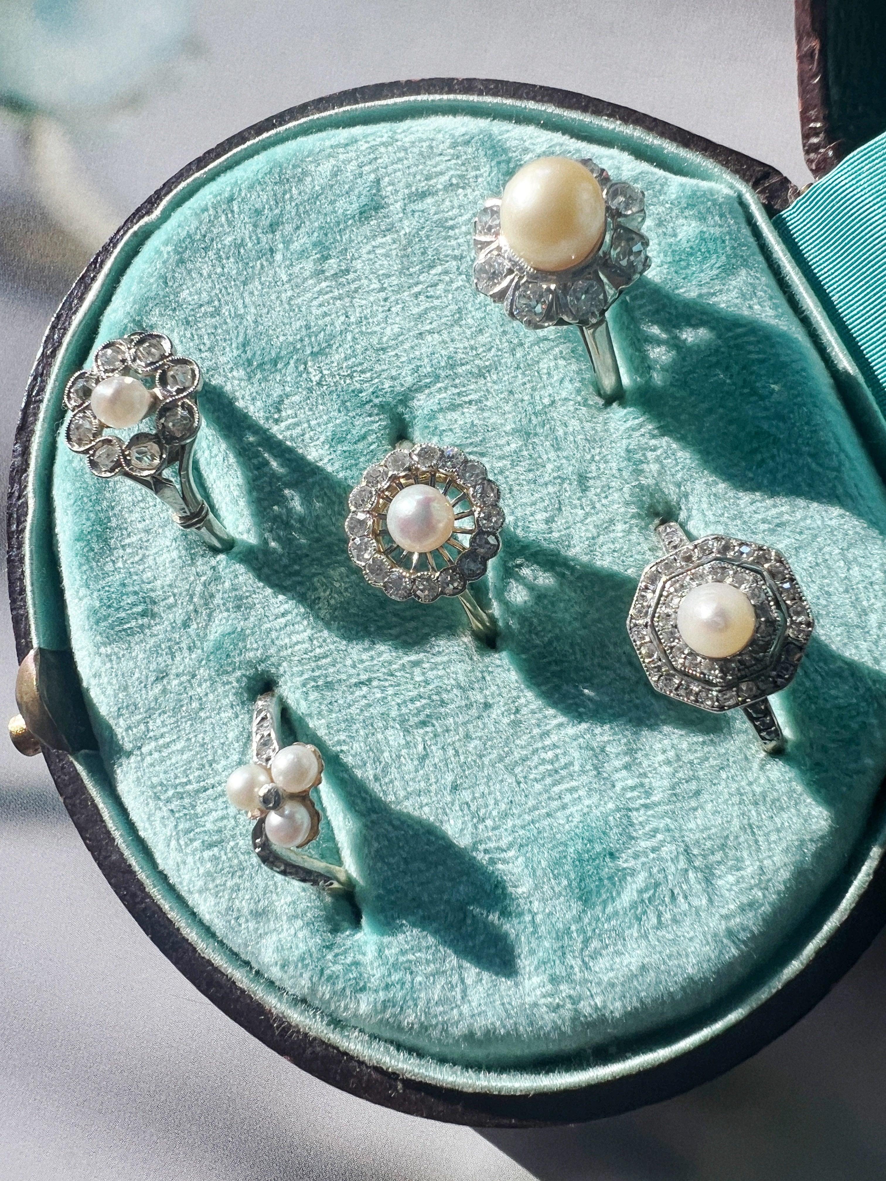 Art Deco 18K gold platinum diamond pearl ring - Curiously timeless