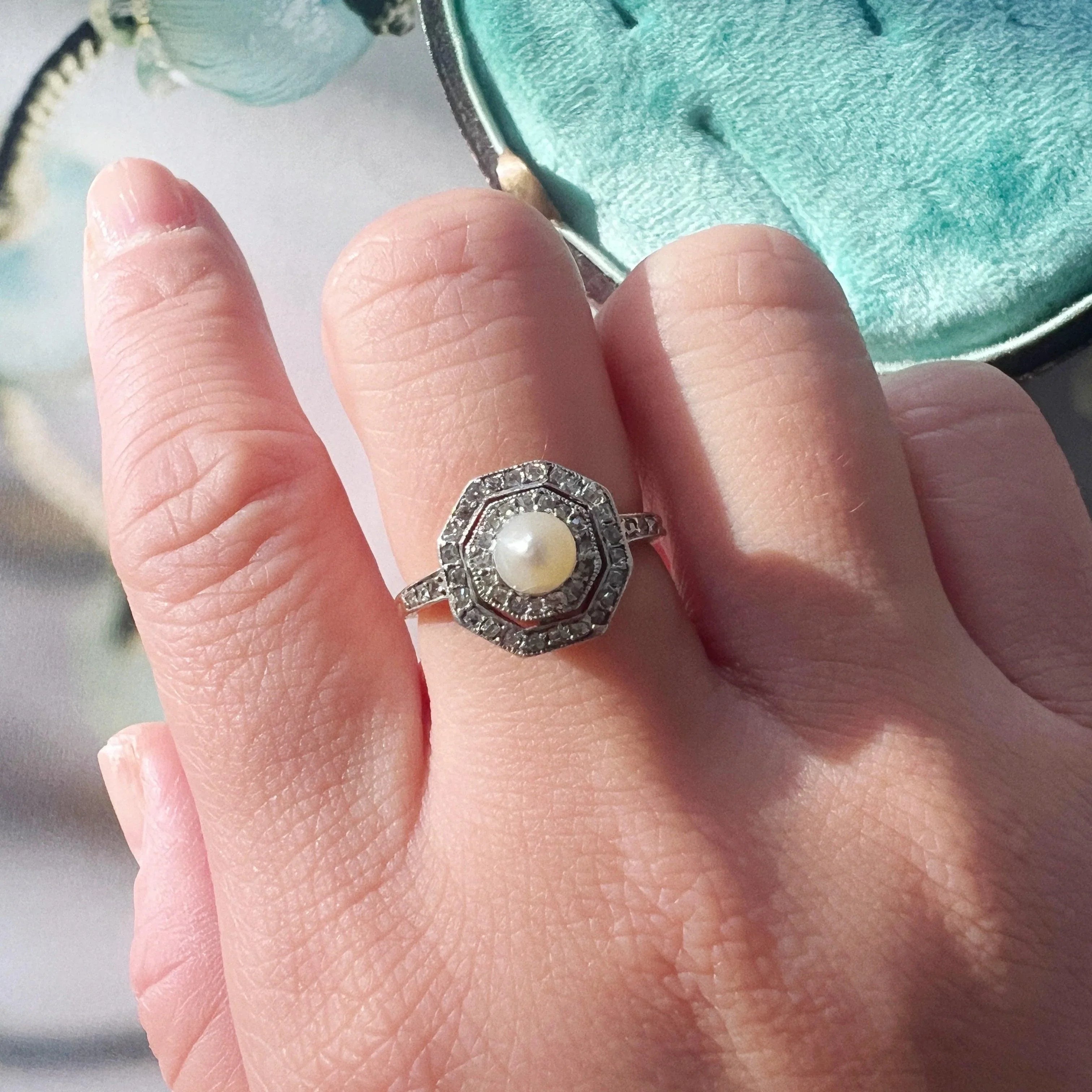 Art Deco 18K gold platinum diamond pearl ring - Curiously timeless