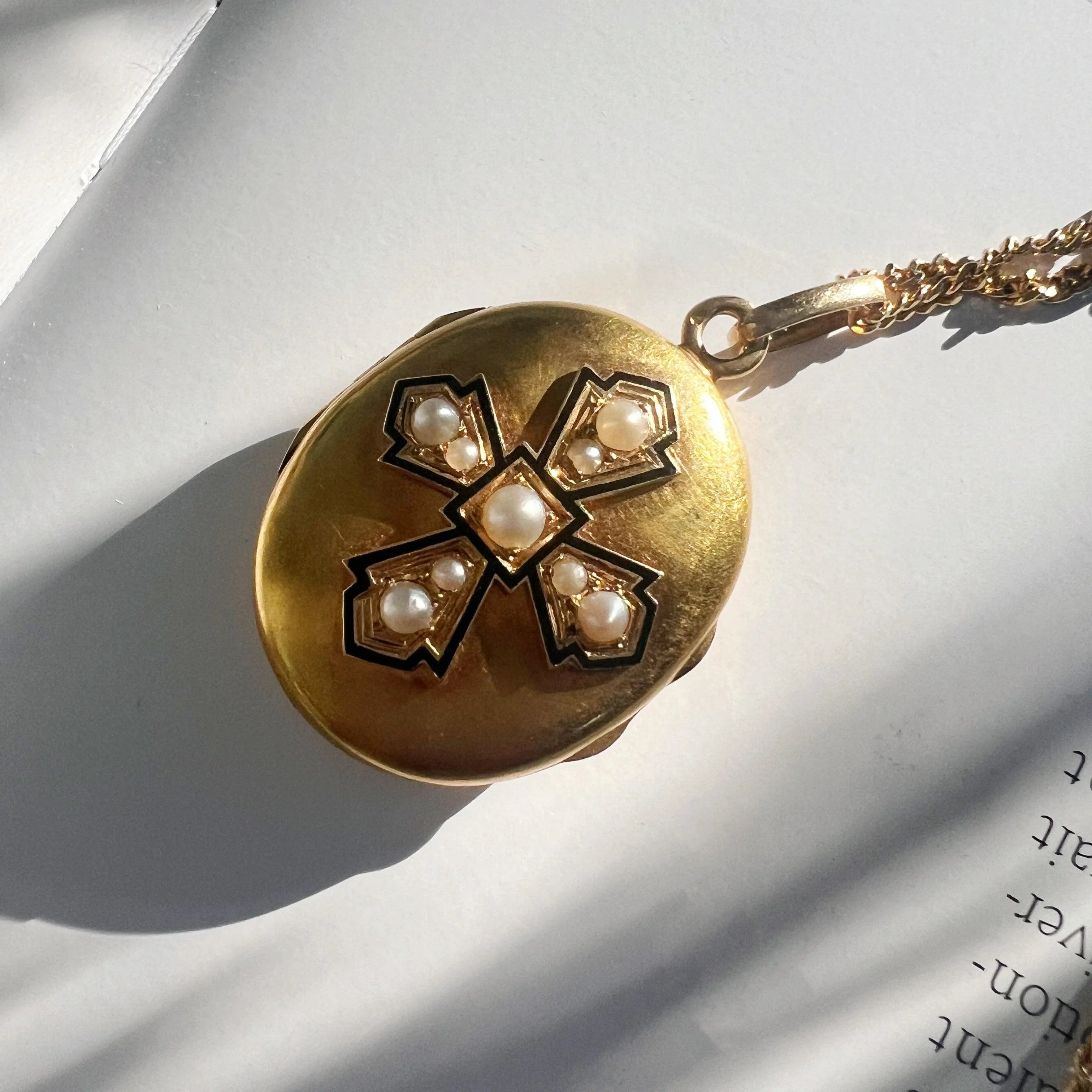 Victorian era 18K gold black enamel pearl locket pendant - Curiously timeless