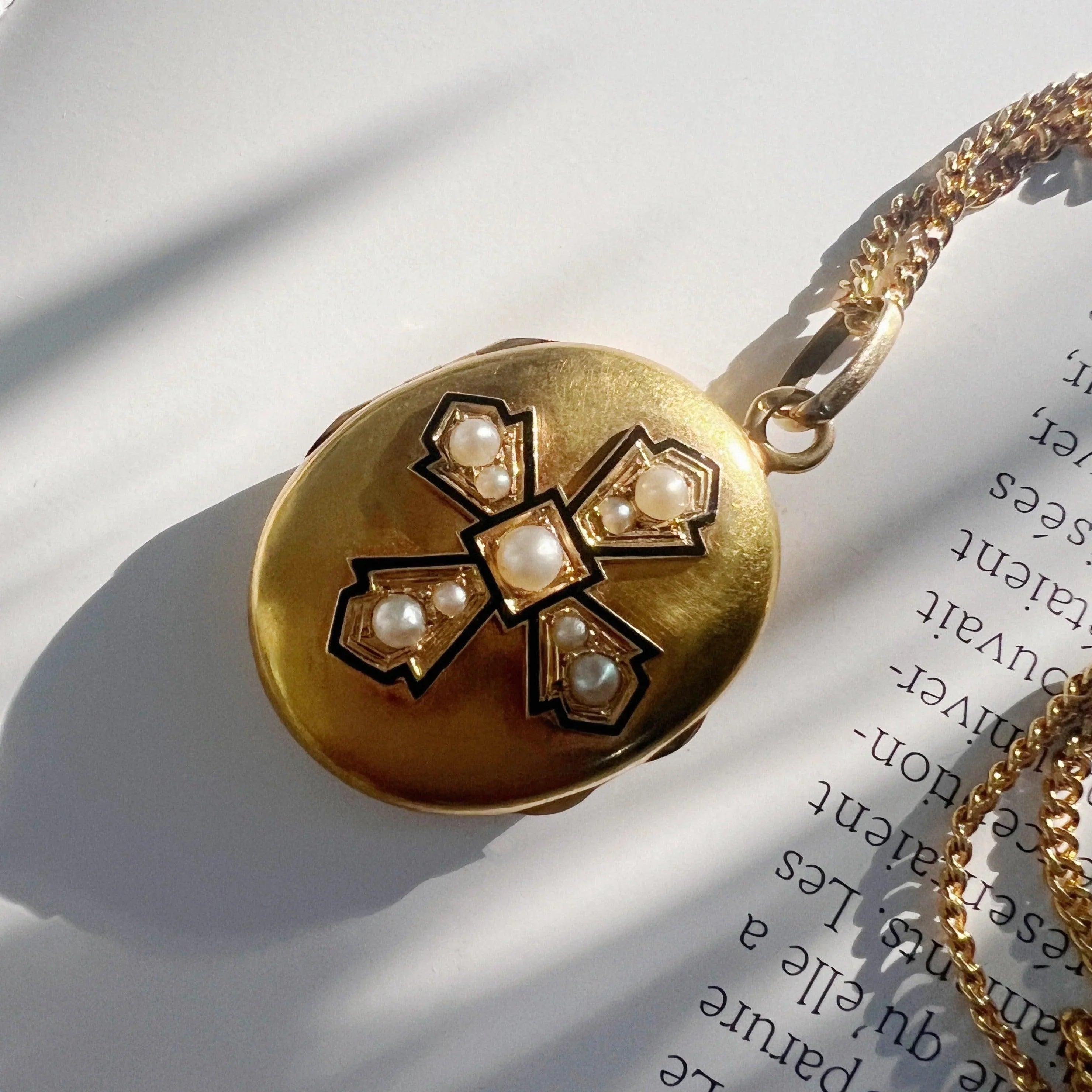 Victorian era 18K gold black enamel pearl locket pendant - Curiously timeless