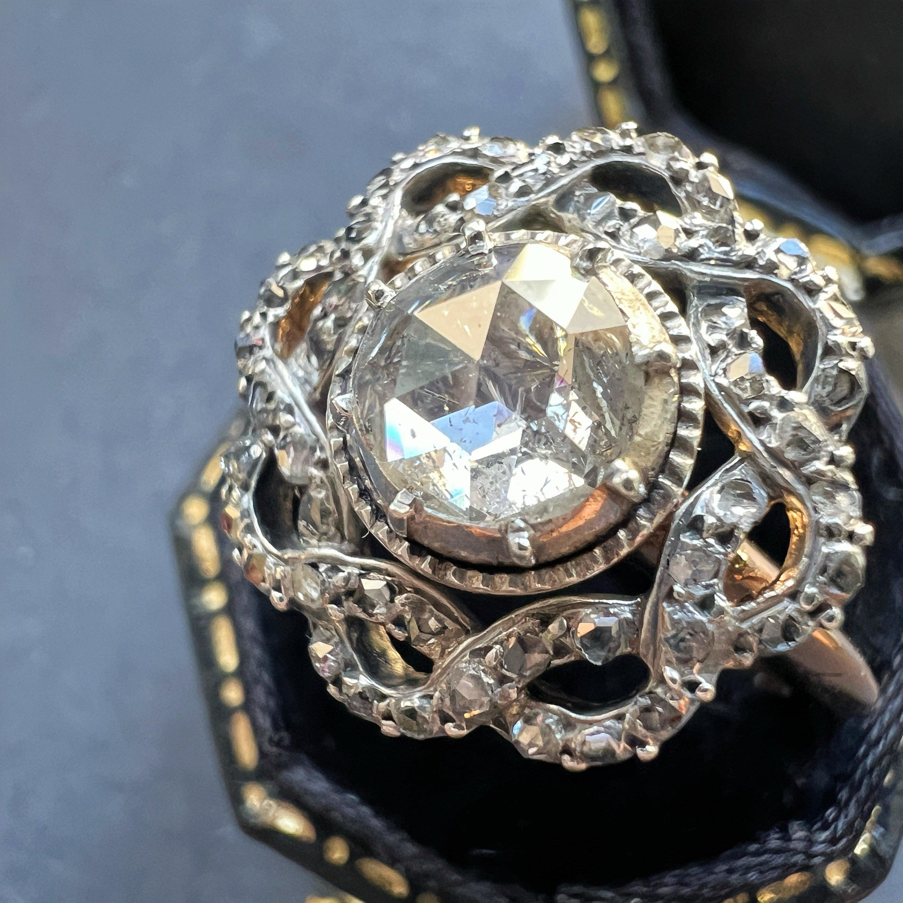 Rose cut diamond platinum and 18K gold cluster Ring