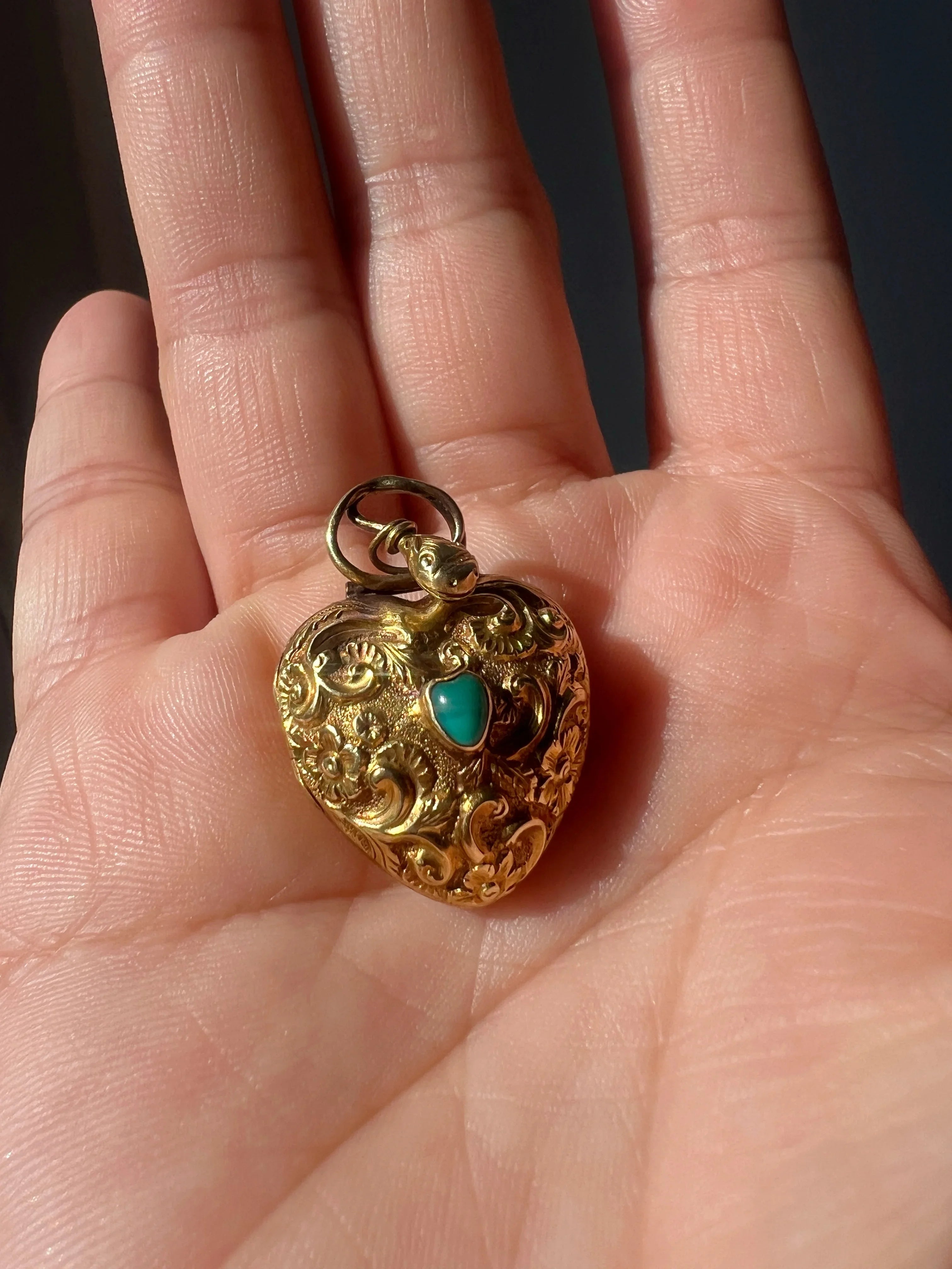 Antique 18K Gold Snake Heart turquoise Locket Pendant