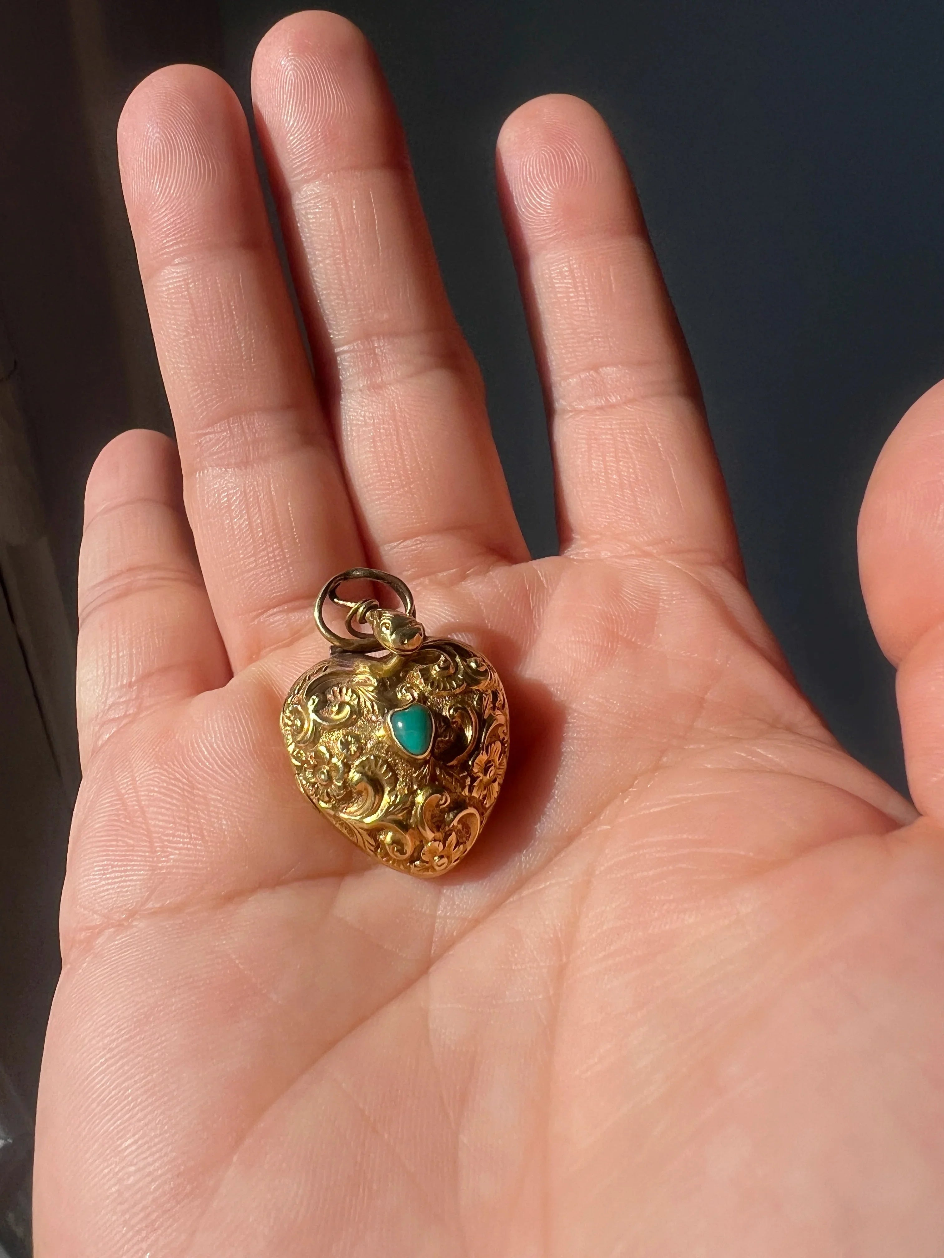 Antique 18K Gold Snake Heart turquoise Locket Pendant