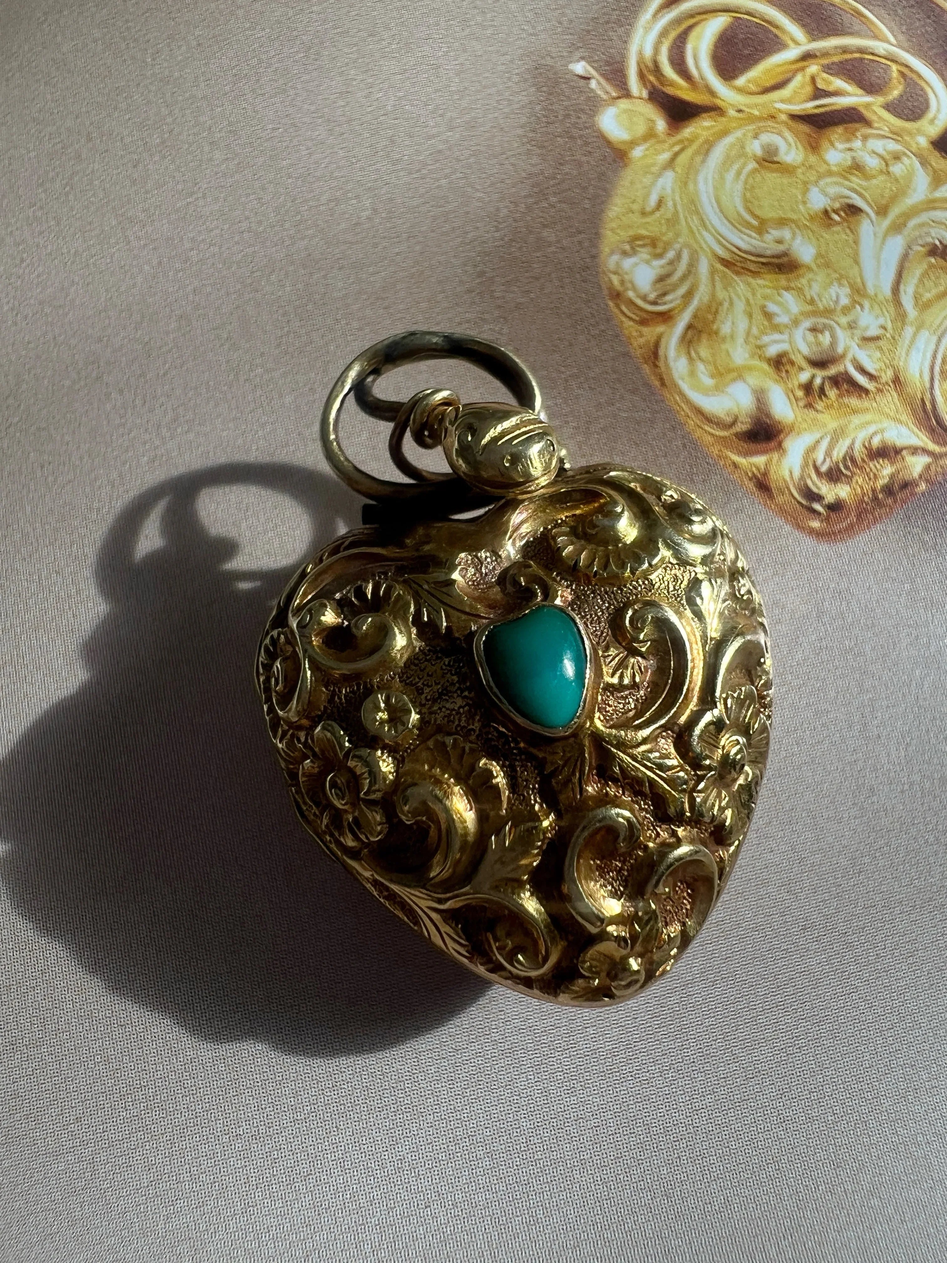 Antique 18K Gold Snake Heart turquoise Locket Pendant