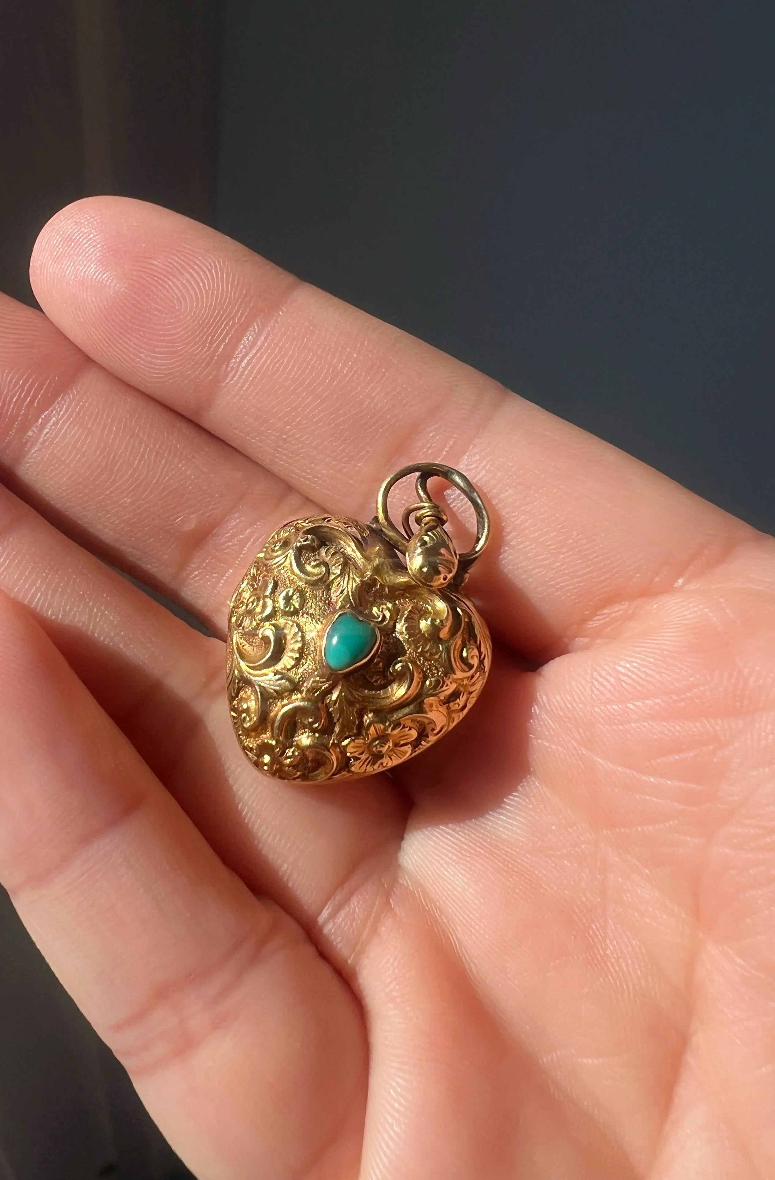 Antique 18K Gold Snake Heart turquoise Locket Pendant