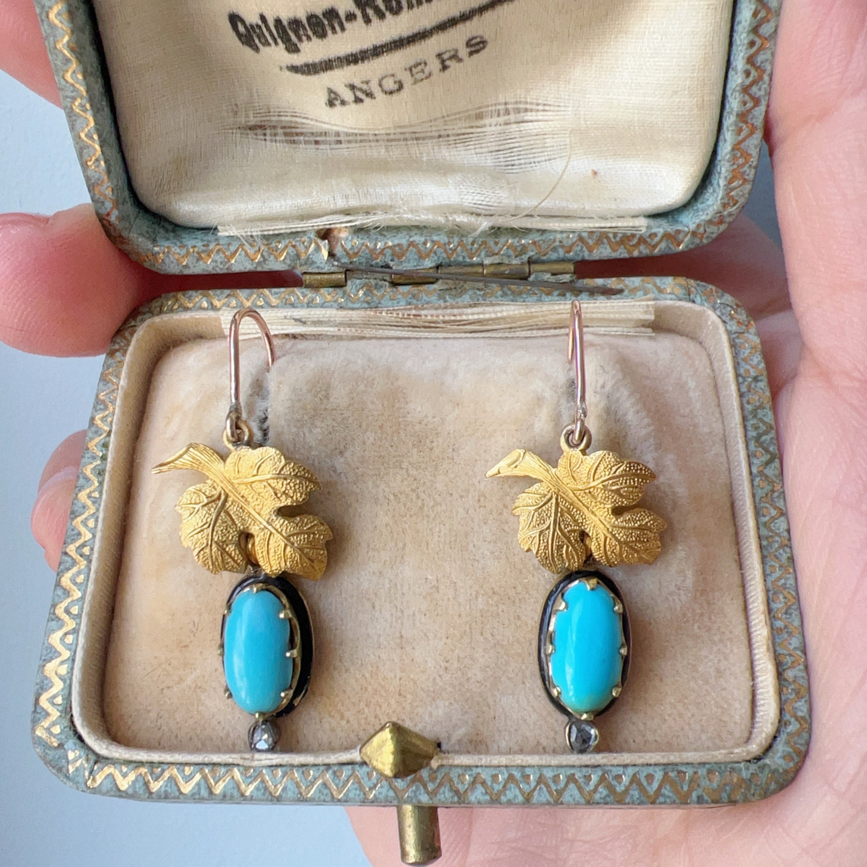 Antique 18K gold turquoise diamond maple leafs earrings