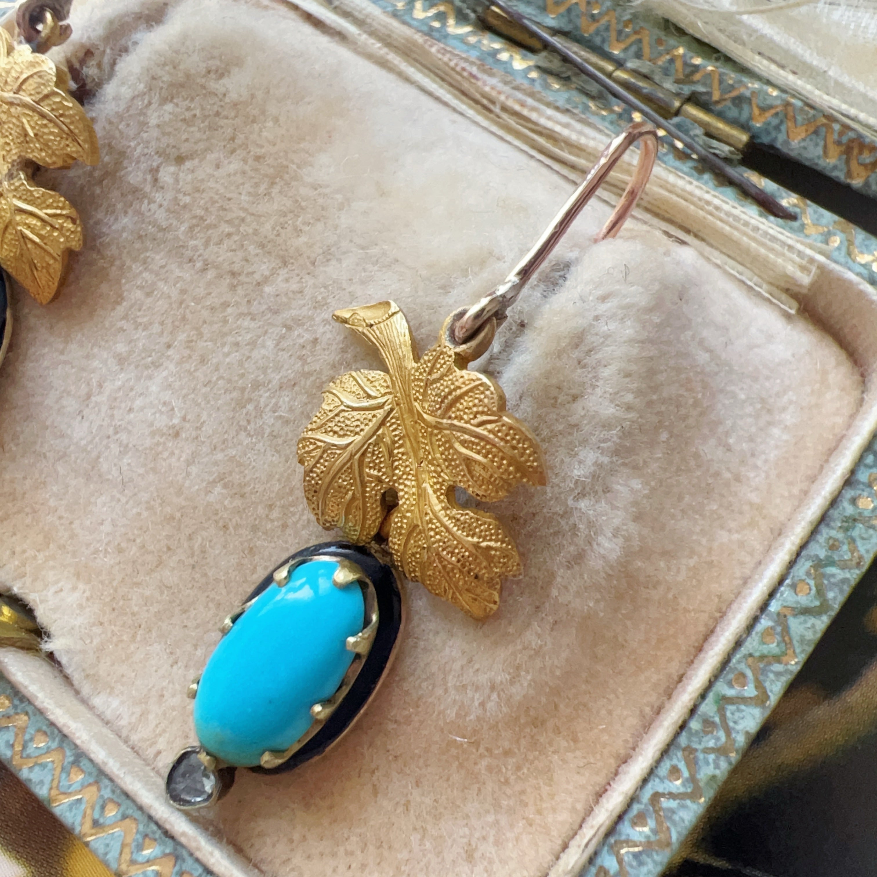 Antique 18K gold turquoise diamond maple leafs earrings