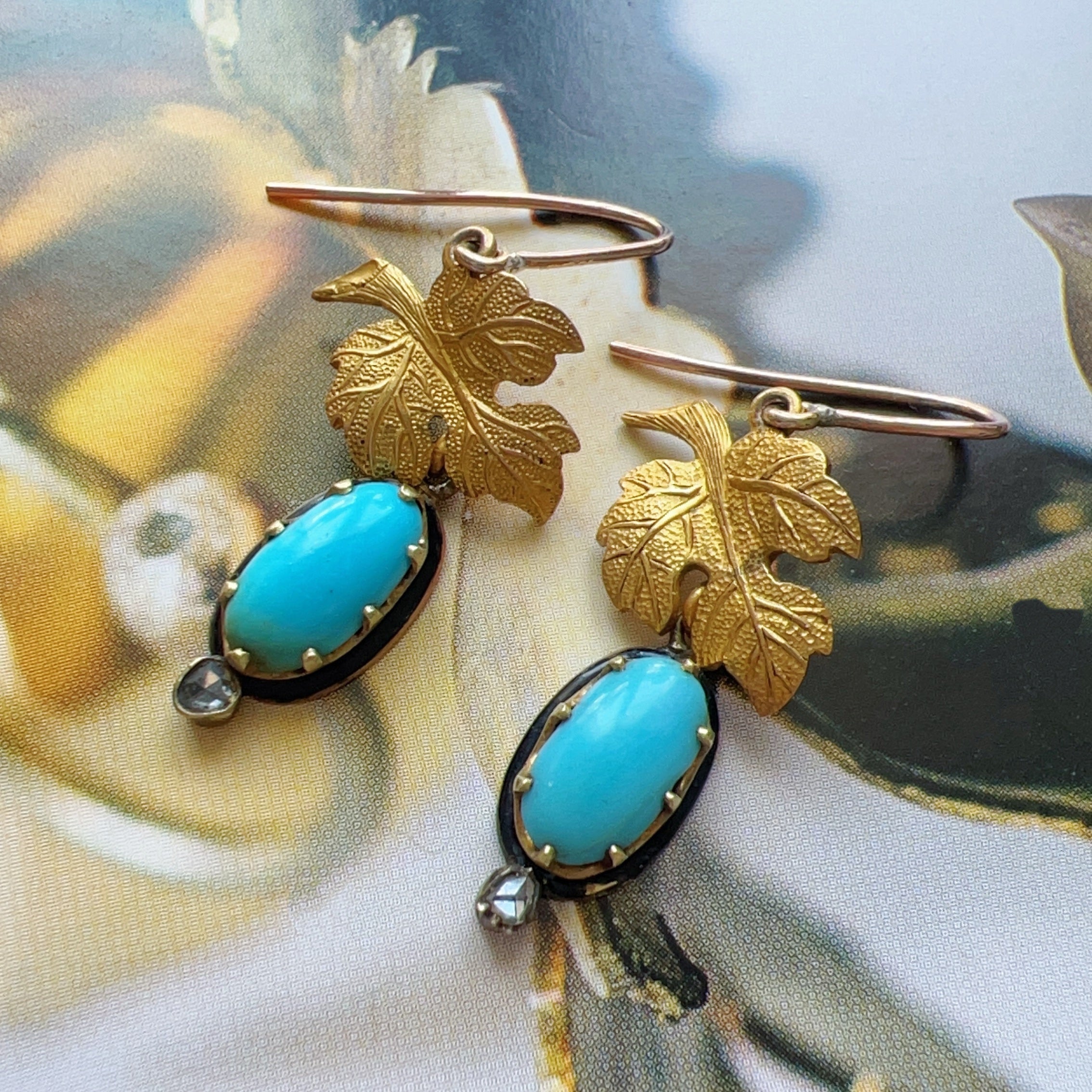 Antique 18K gold turquoise diamond maple leafs earrings