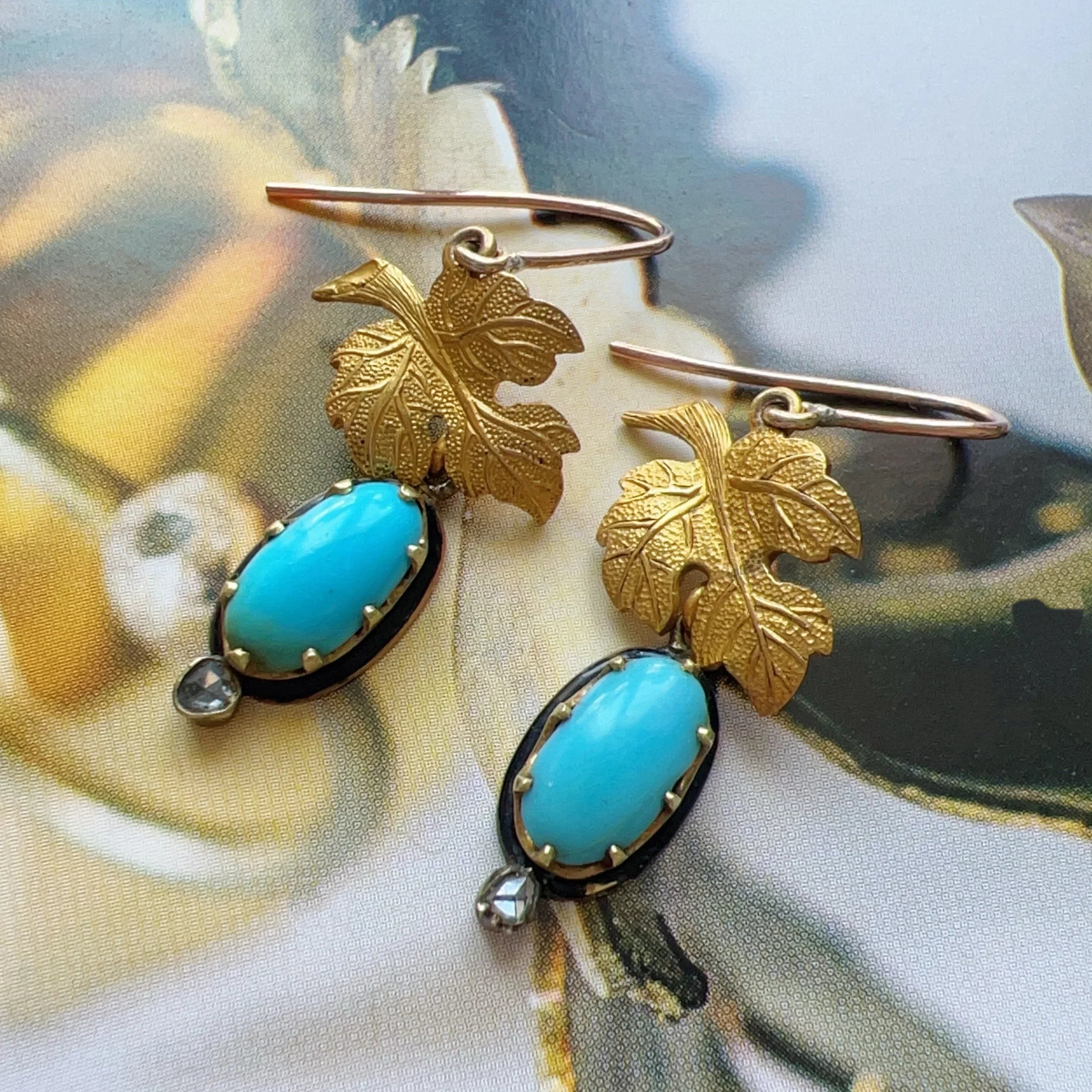 Antique 18K gold turquoise diamond maple leafs earrings