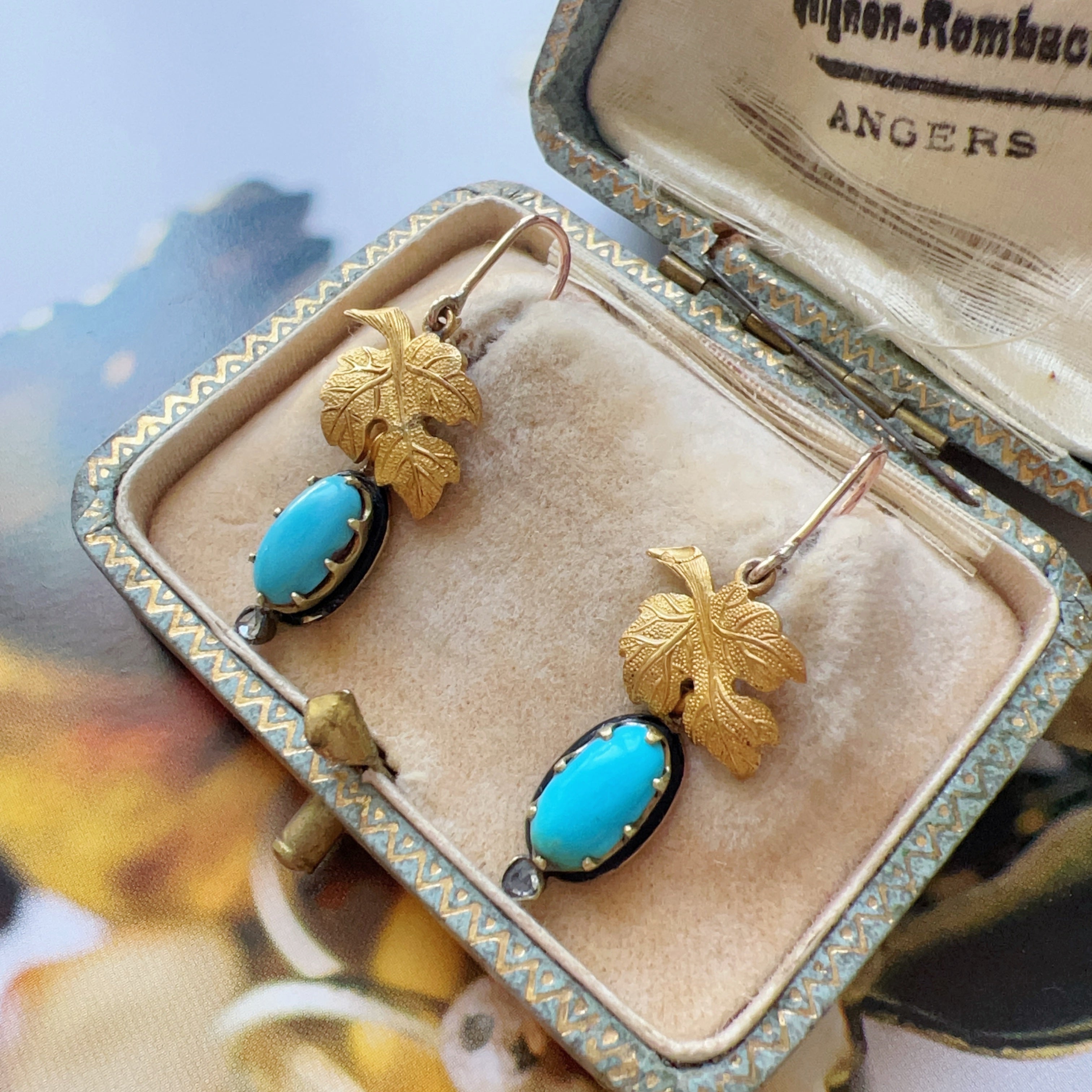 Antique 18K gold turquoise diamond maple leafs earrings
