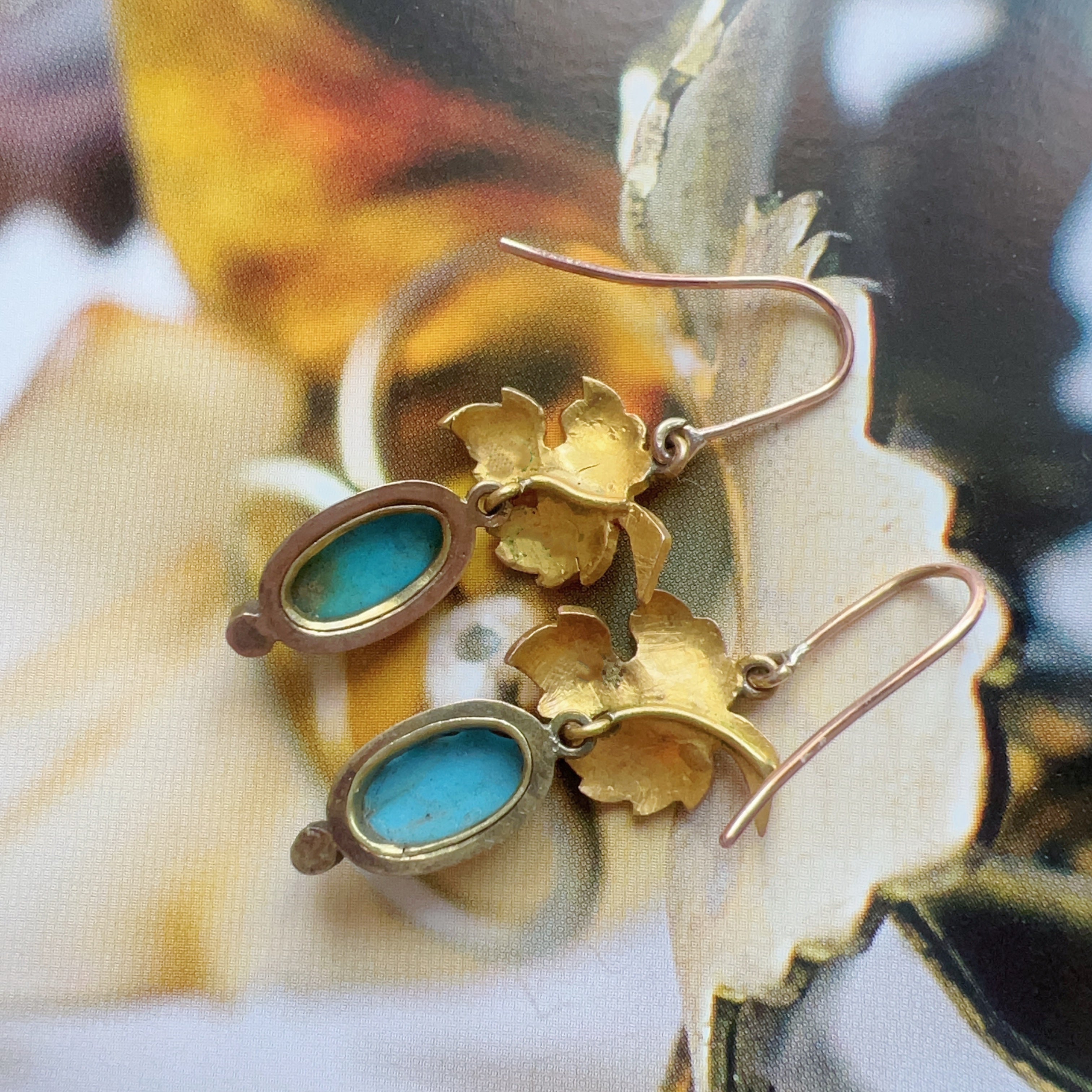 Antique 18K gold turquoise diamond maple leafs earrings