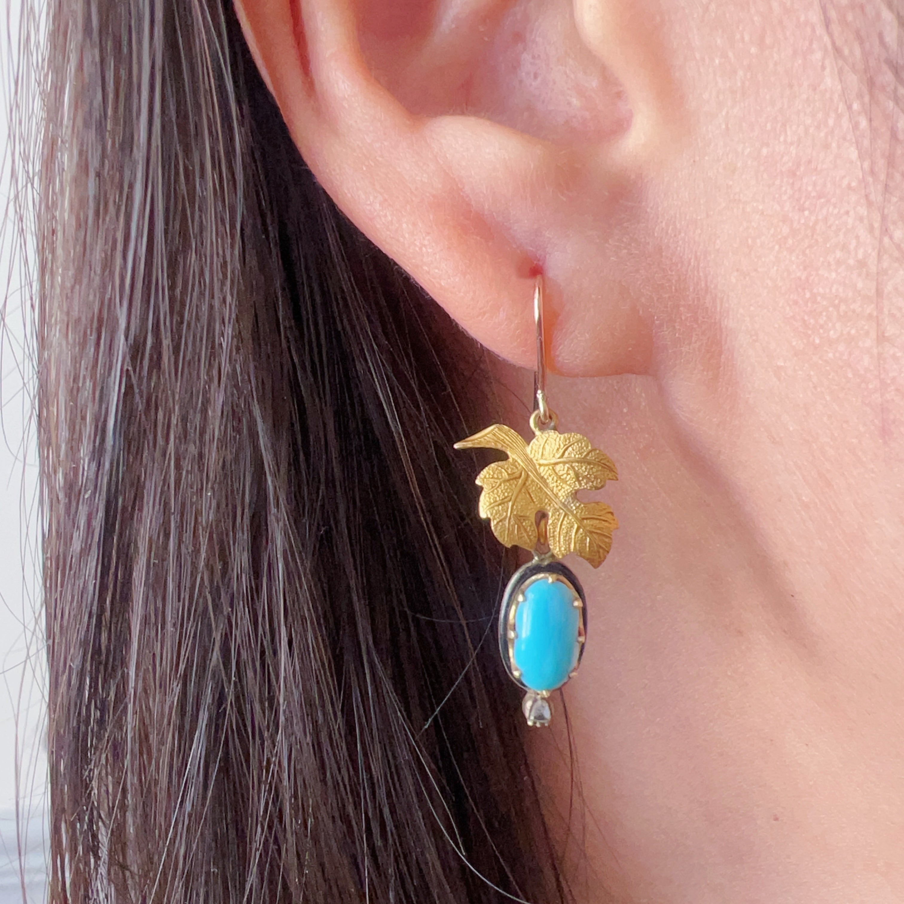 Antique 18K gold turquoise diamond maple leafs earrings